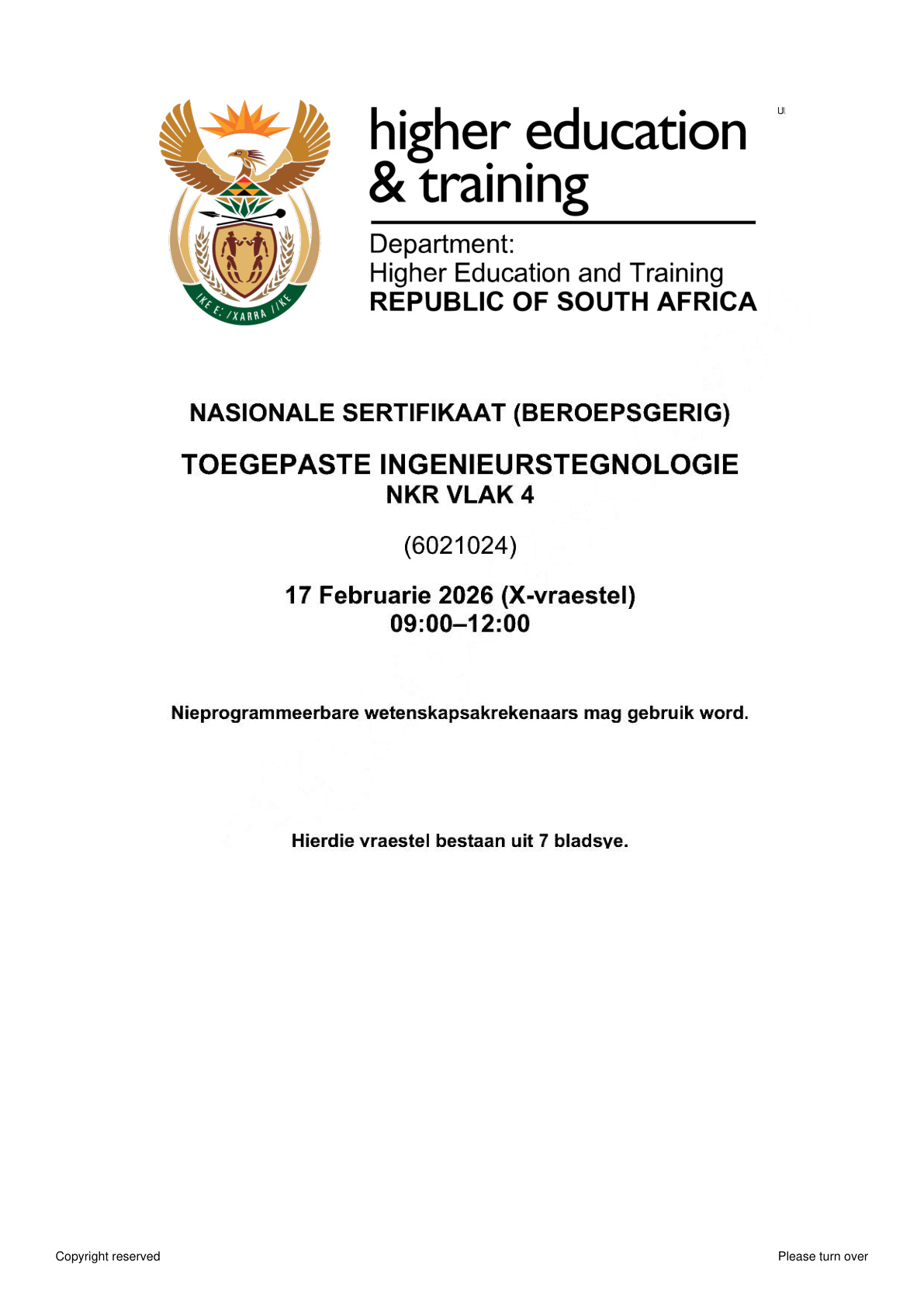 Applied Engineering Technology Level 4 DHET NCV 2026 - Question Paper
