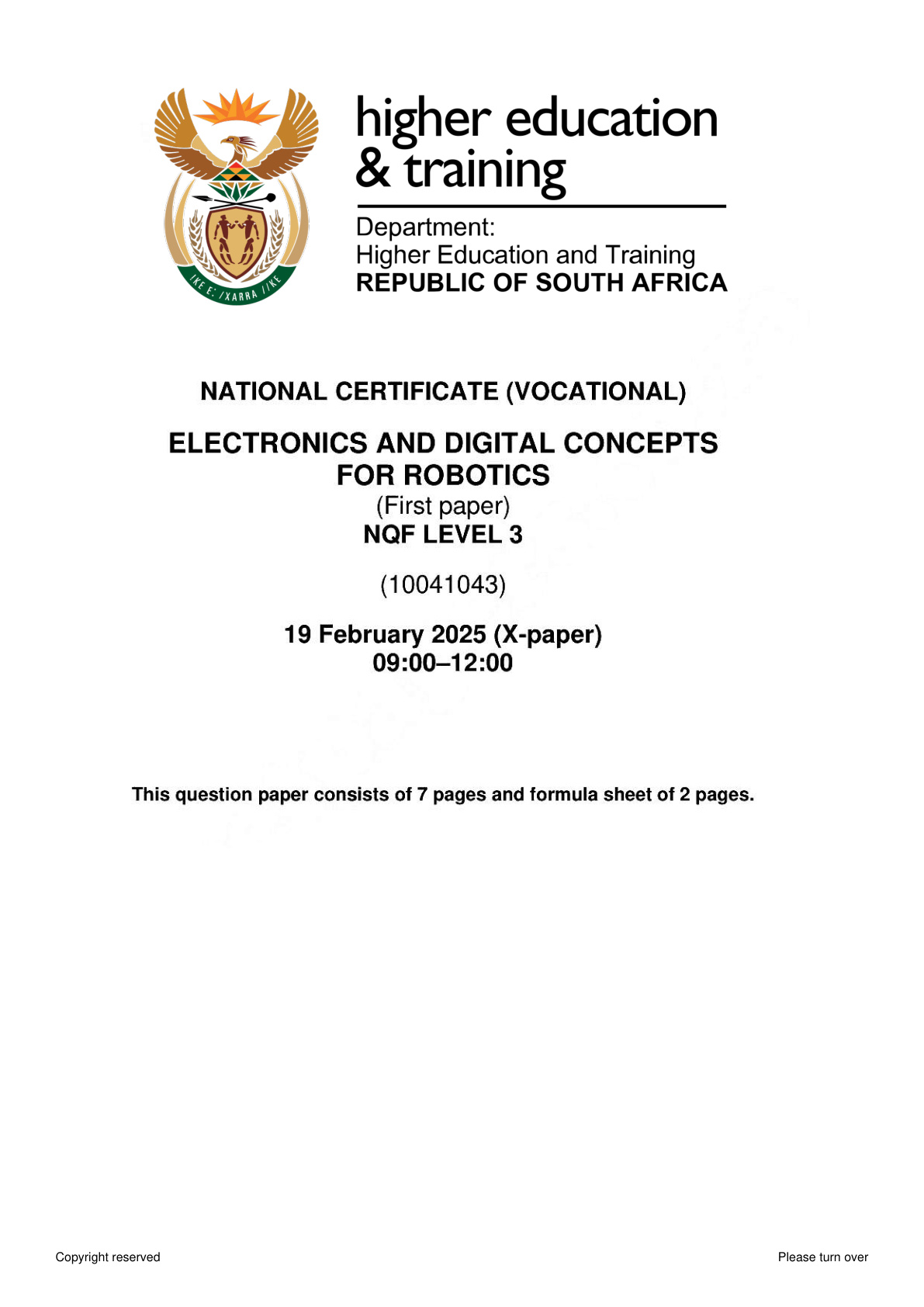 Electronics and Digital Concepts for Robotics Level 3 DHET NCV February 2025 Paper 1 - Question Paper