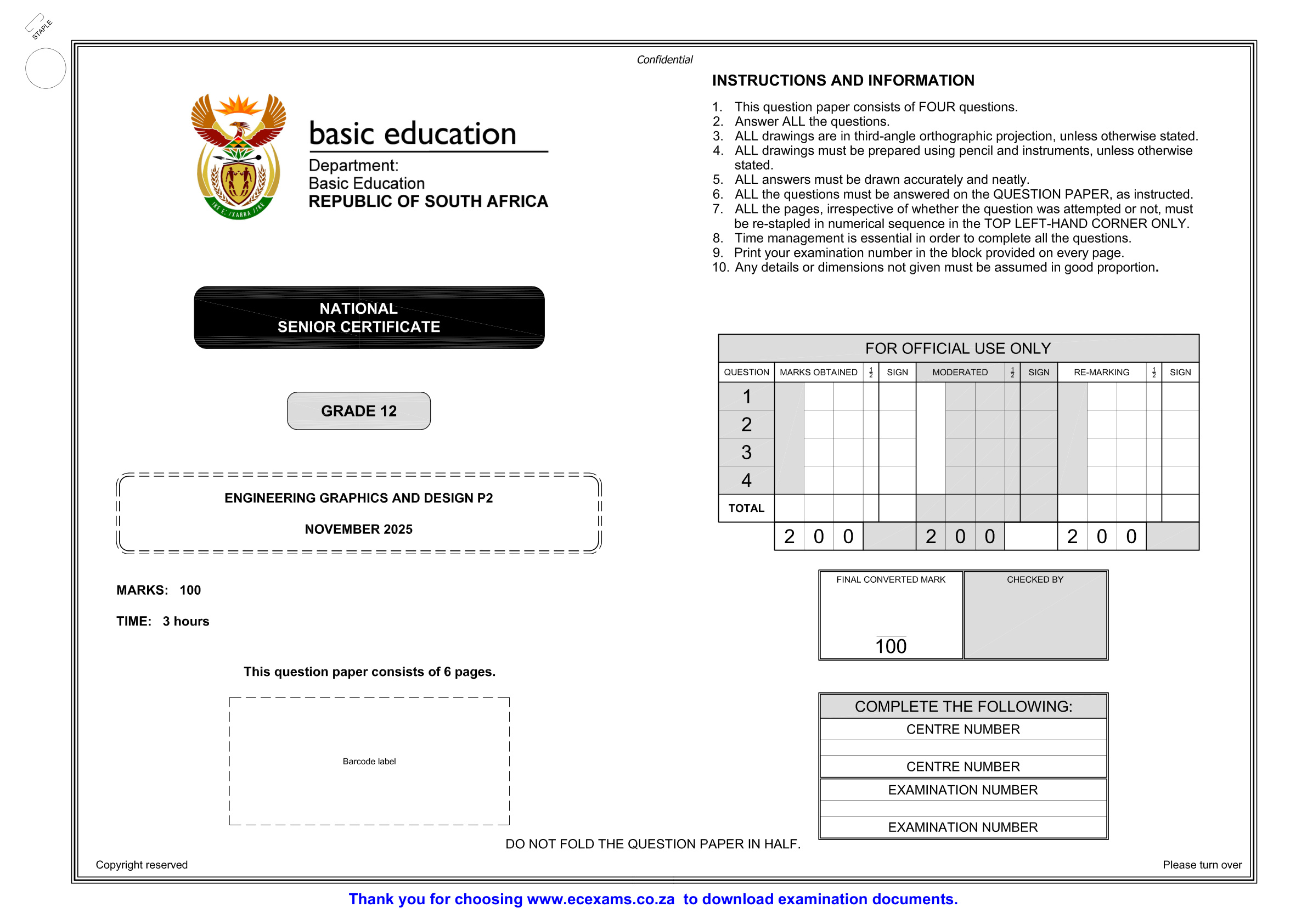 Engineering Graphics And Design Grade 12 DBE NSC November 2025 Paper 2 - Question Paper (Eastern Cape)