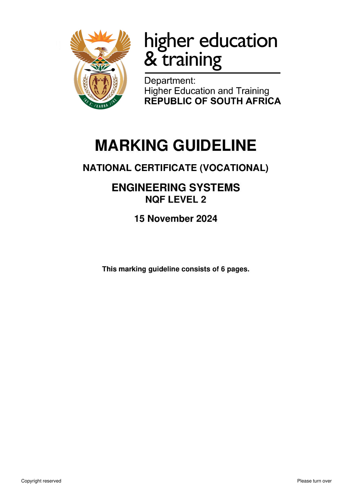 Engineering Systems Level 2 DHET NCV November 2024 - Memo