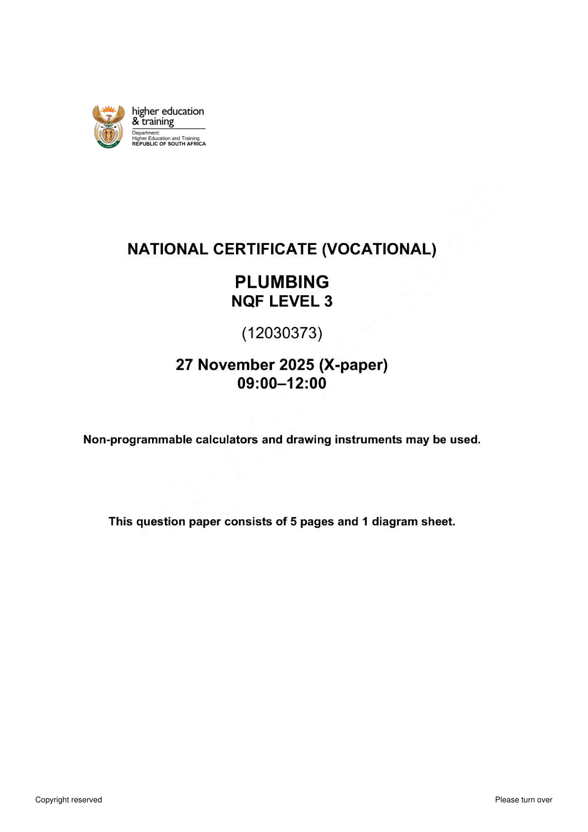 Plumbing Level 3 DHET NCV November 2025 - Question Paper