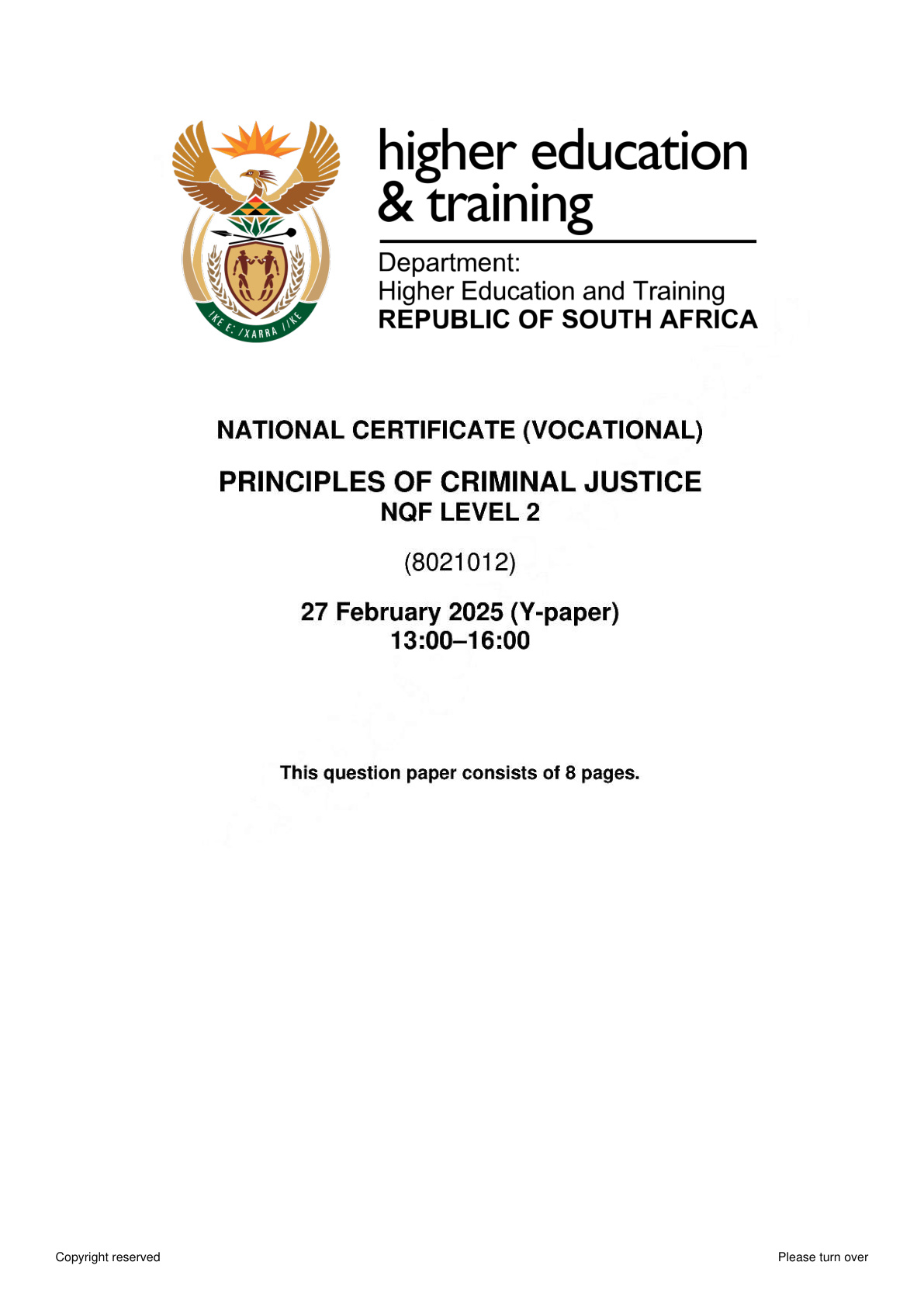 Principles of Criminal Justice Level 2 DHET NCV February 2025 - Question Paper