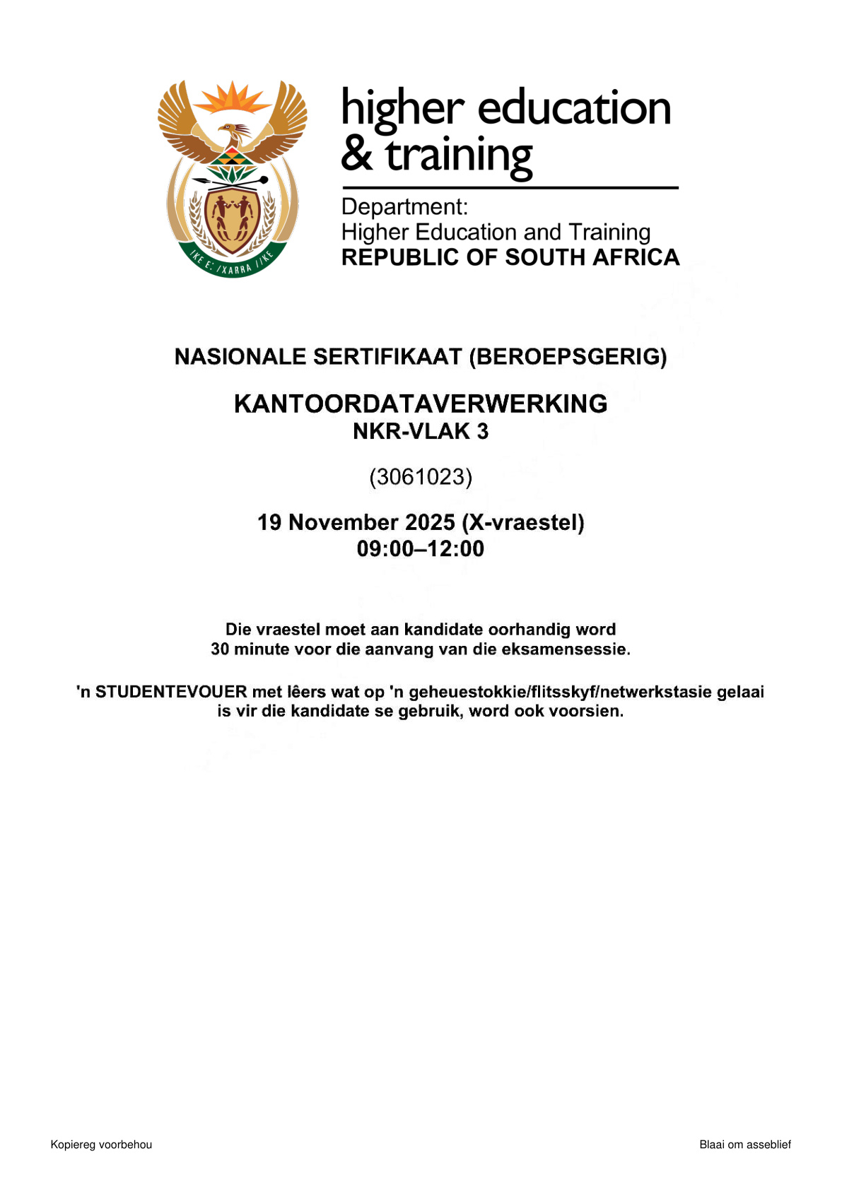 Office Data Processing Level 3 DHET NCV November 2025 - Question Paper
