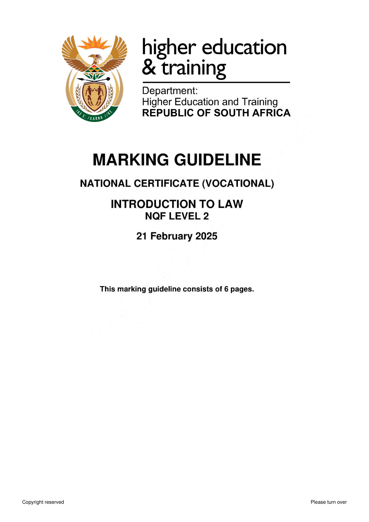 Introduction to Law Level 2 DHET NCV February 2025 - Memo