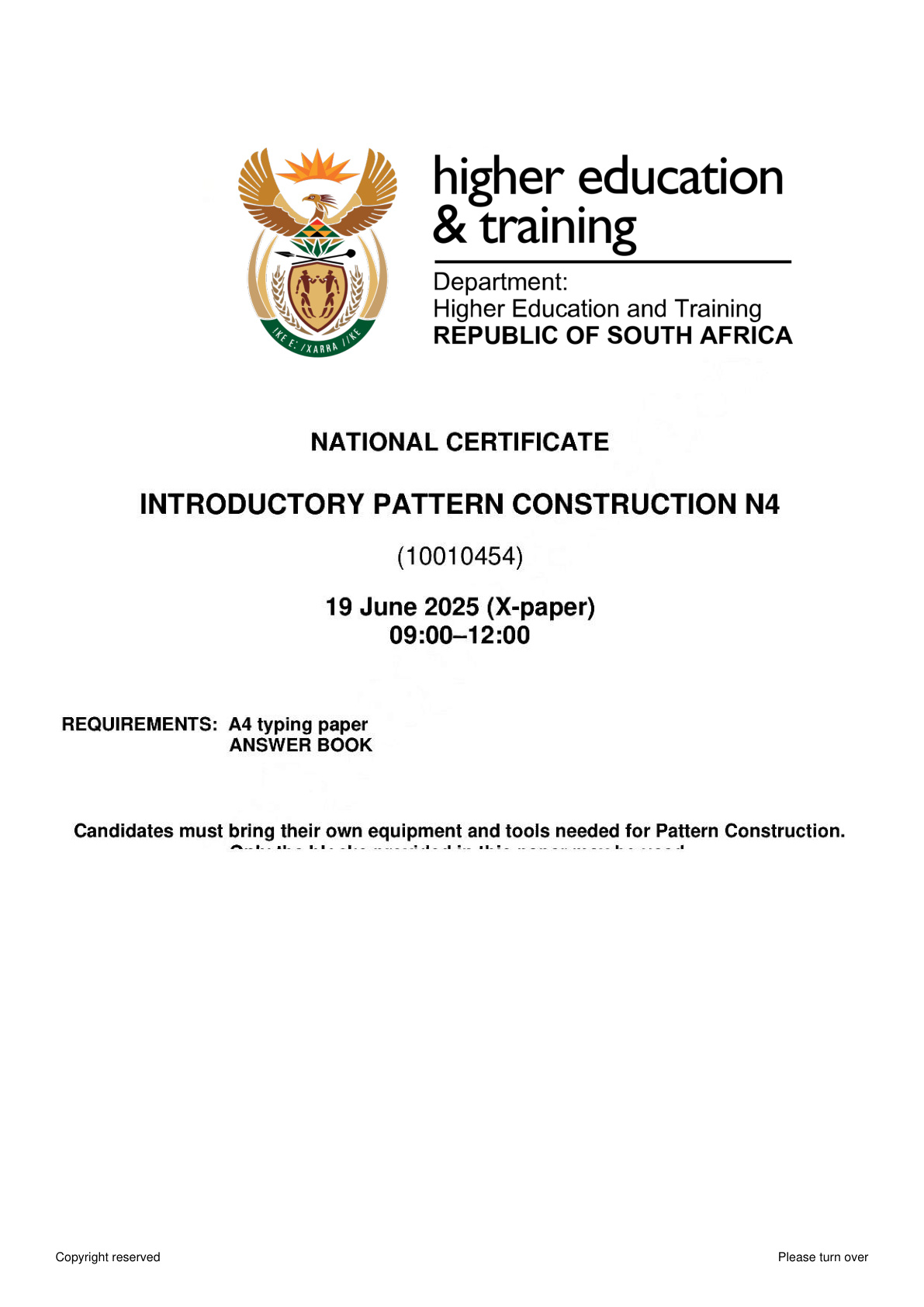 Introductory Pattern Construction N4 DHET NATED June 2025 Paper X - Question Paper