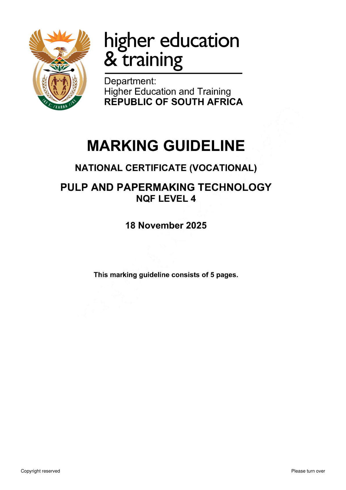 Pulp and Papermaking Technology Level 4 DHET NCV November 2025 - Memo