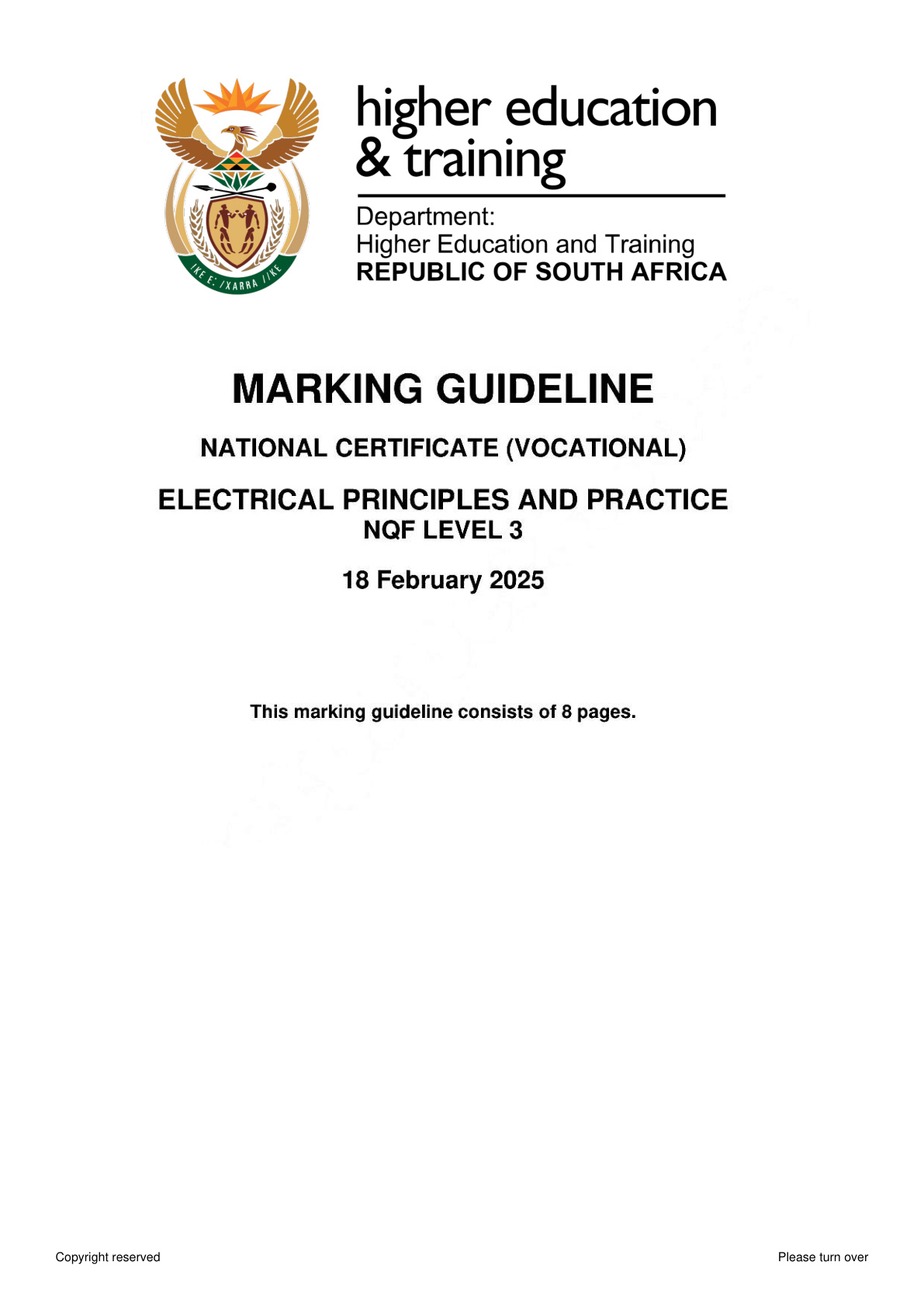 Electrical Principles and Practice Level 3 DHET NCV February 2025 - Memo