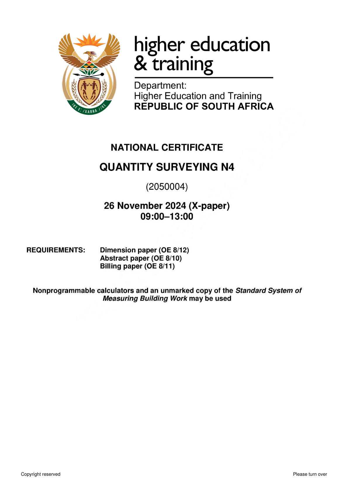 Quantity Surveying N4 DHET NATED November 2024 Paper X - Question Paper