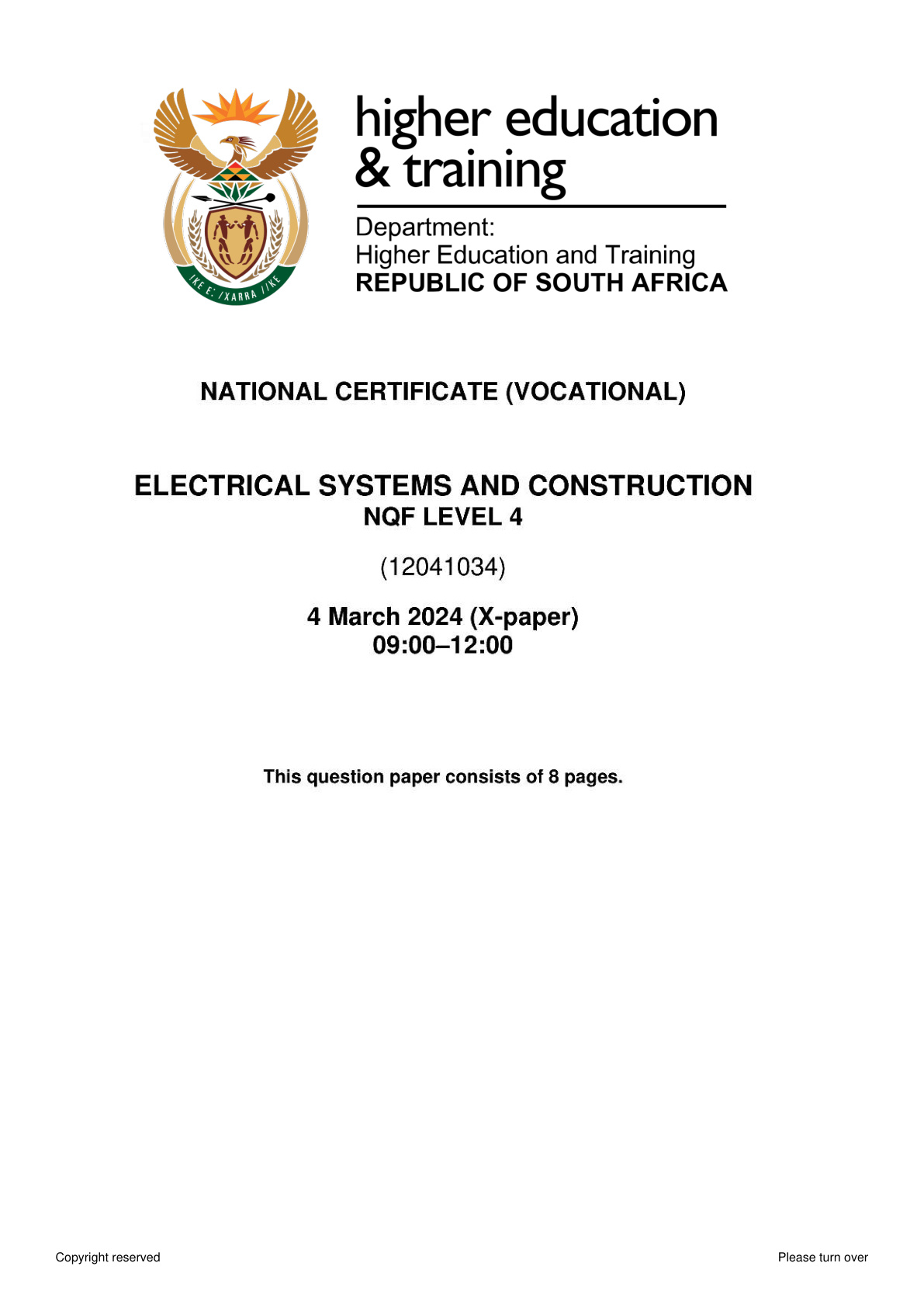 Electrical Systems and Construction Level 4 DHET NCV 2024 - Question Paper
