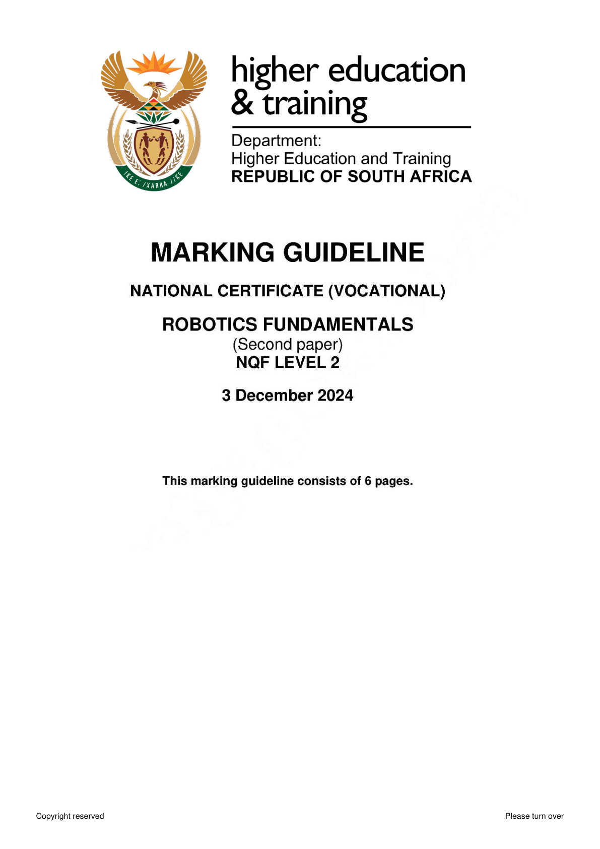 Robotics Fundamentals Level 2 DHET NCV November 2024 Paper 2 - Memo