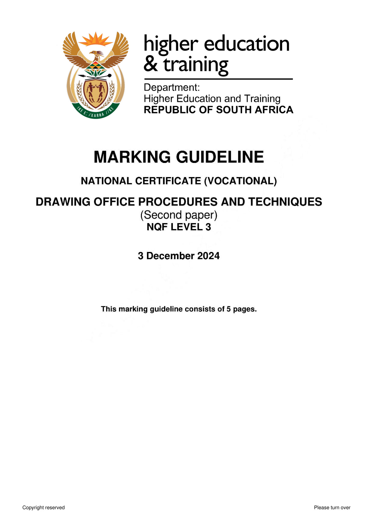 Drawing Office Procedures and Techniques Level 3 DHET NCV November 2024 Paper 2 - Memo