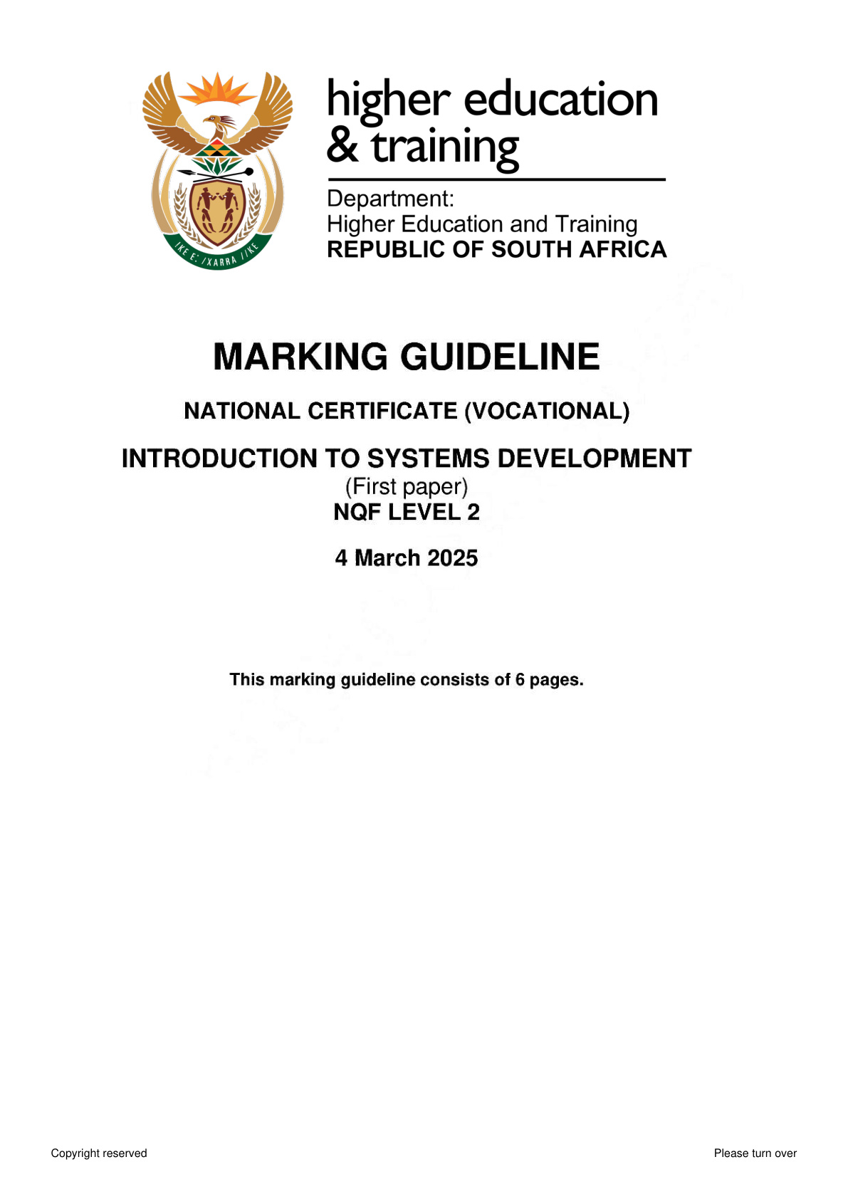 INTRODUCTION TO SYSTEMS DEVELOPMENT Level 2 DHET NCV February 2025 Paper 1 - Memo