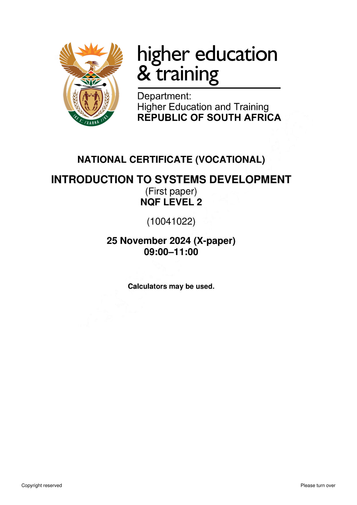 INTRODUCTION TO SYSTEMS DEVELOPMENT Level 2 DHET NCV November 2024 Paper 1 - Question Paper