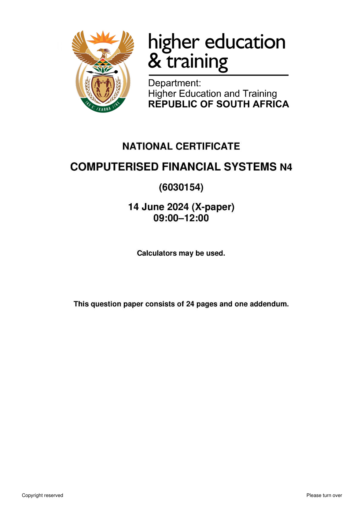 Computerised Financial Systems N4 DHET NATED June 2024 Paper X - Question Paper