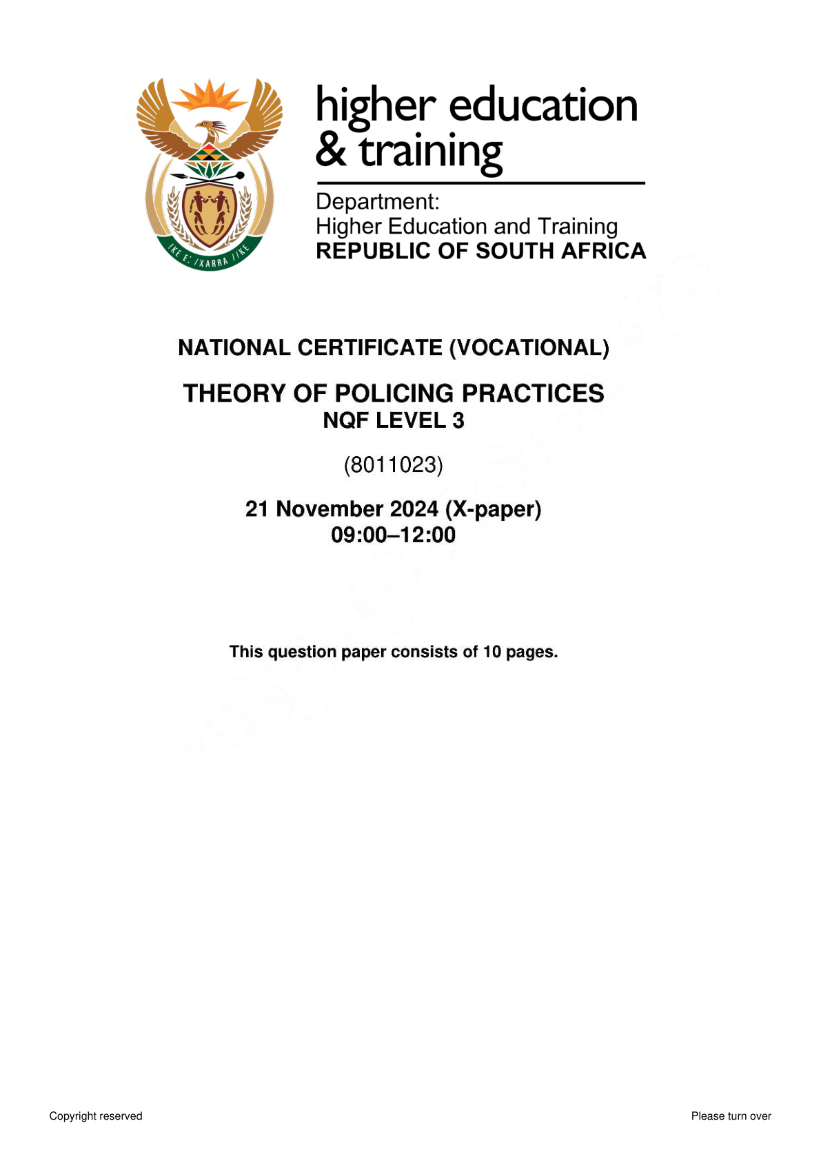 Theory of Policing Practices Level 3 DHET NCV November 2024 - Question Paper