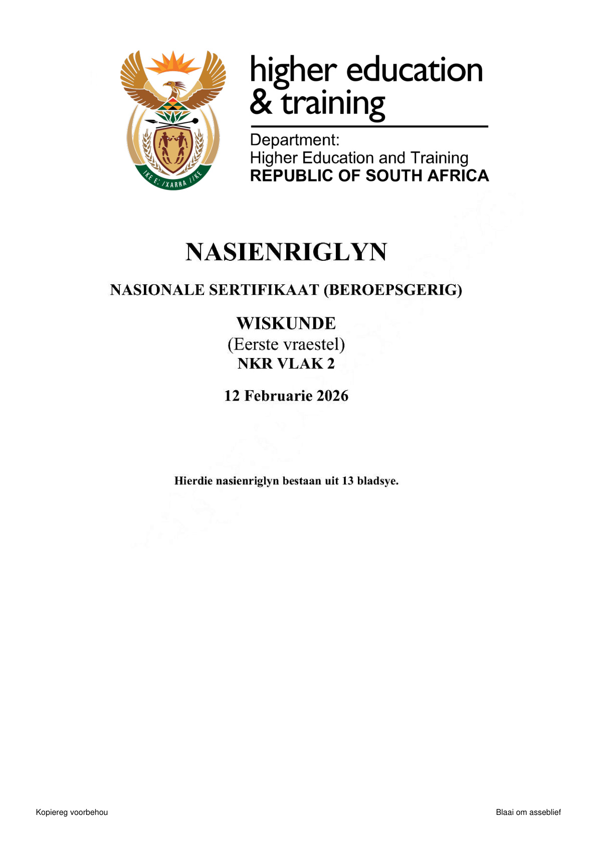 Mathematics Level 2 DHET NCV 2026 Paper 1 - Memo