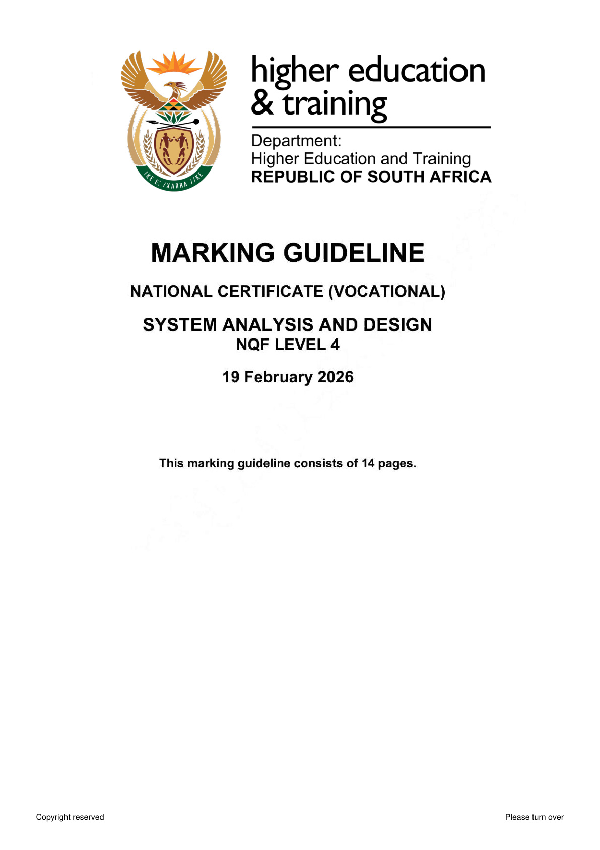 Systems Analysis and Design Level 4 DHET NCV 2026 - Memo