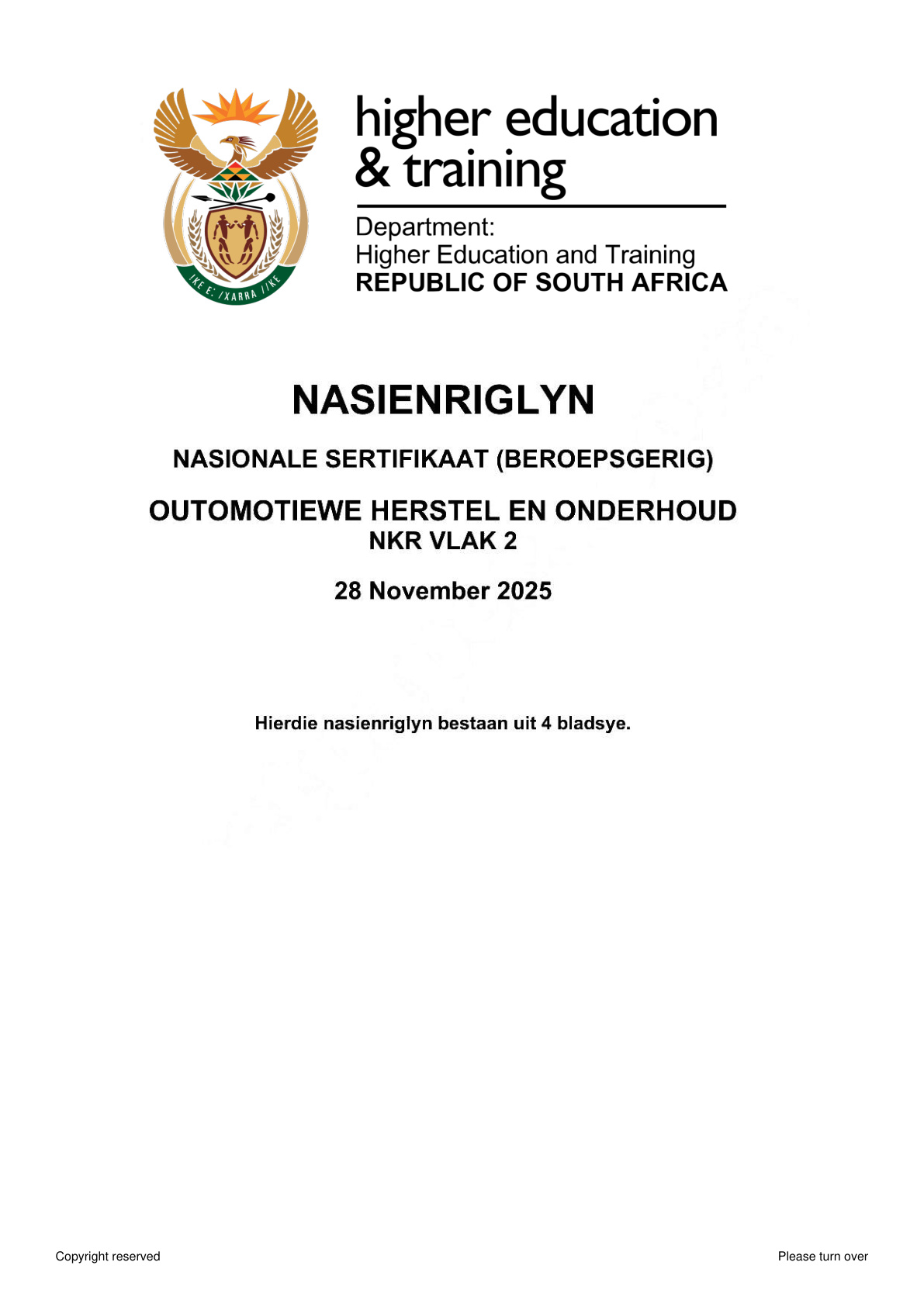 Automotive Repair and Maintenance Level 2 DHET NCV November 2025 - Memo