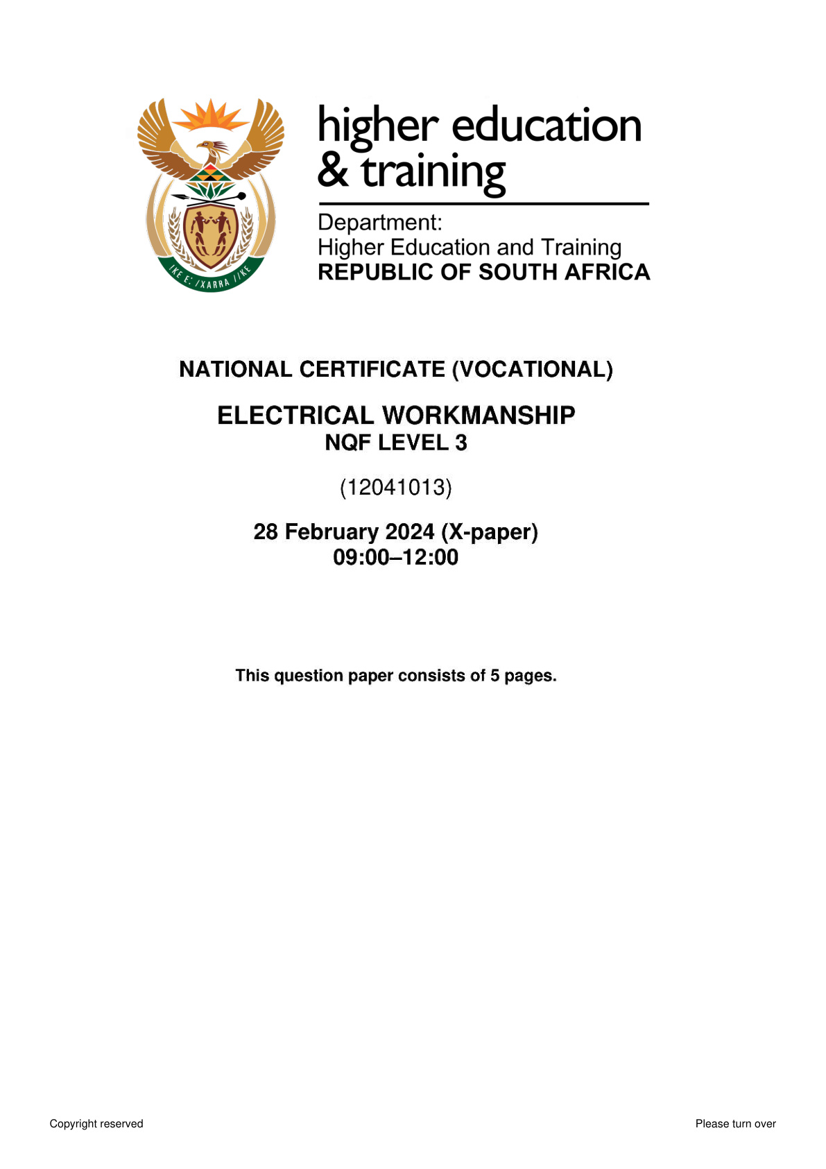 Electrical Workmanship Level 3 DHET NCV 2024 - Question Paper