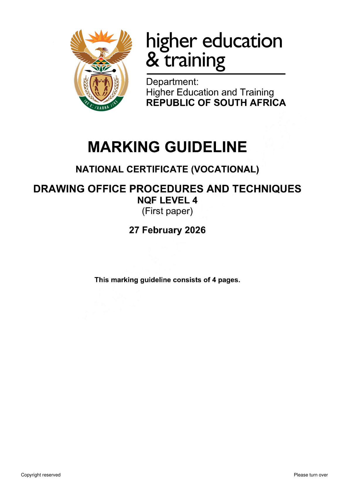 Drawing Office Procedures and Techniques Level 4 DHET NCV 2026 Paper 1 - Memo