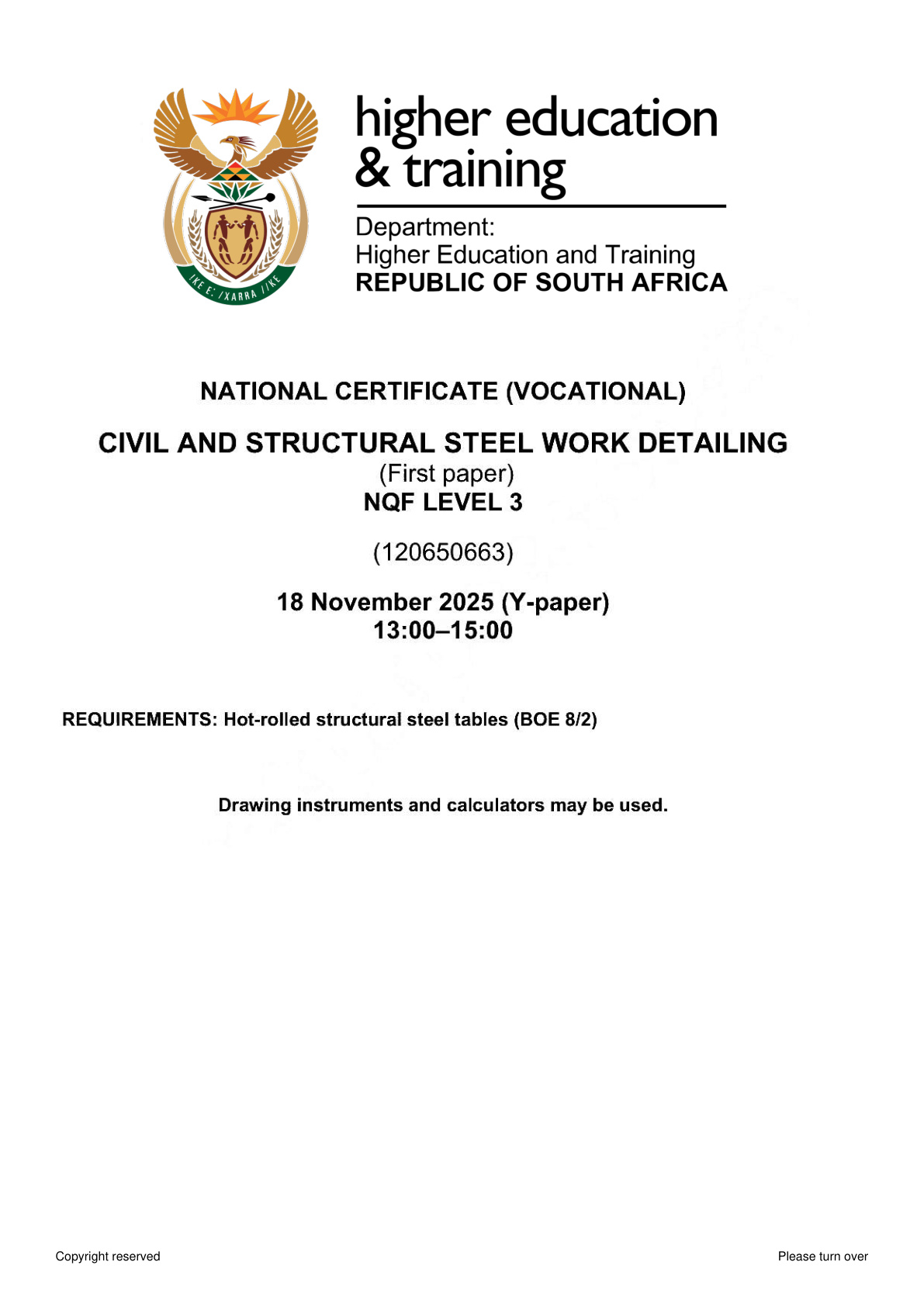 Civil and Structural Steelwork Detailing Level 3 DHET NCV November 2025 Paper 1 - Question Paper