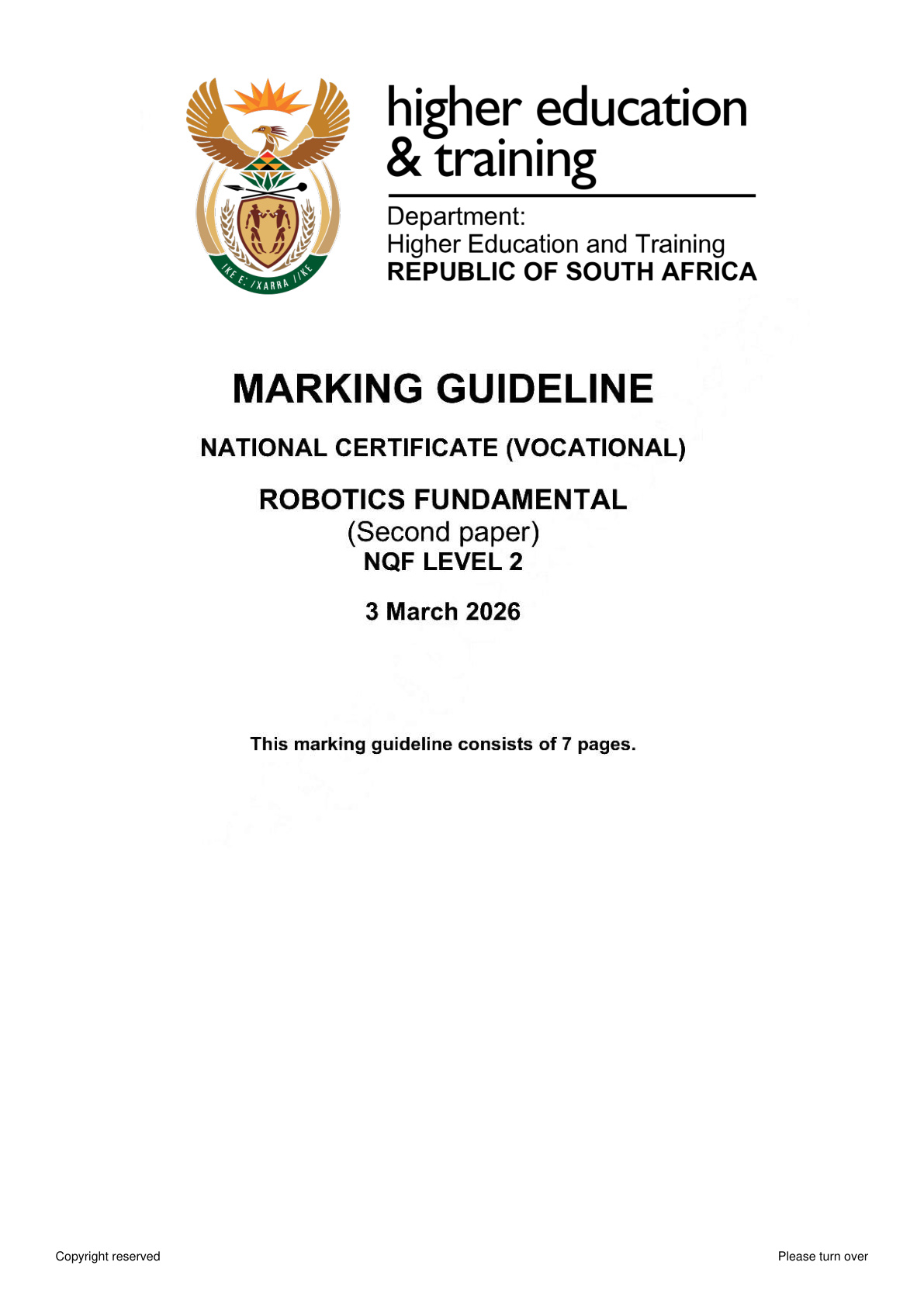 Robotics Fundamentals Level 2 DHET NCV 2026 Paper 2 - Memo