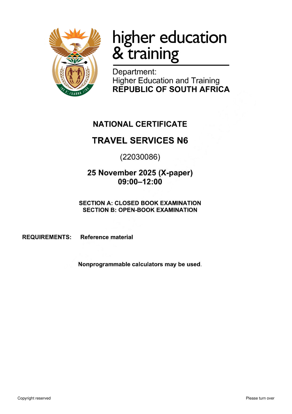 Travel Services N6 Dhet Nated 2025 - Answer Book