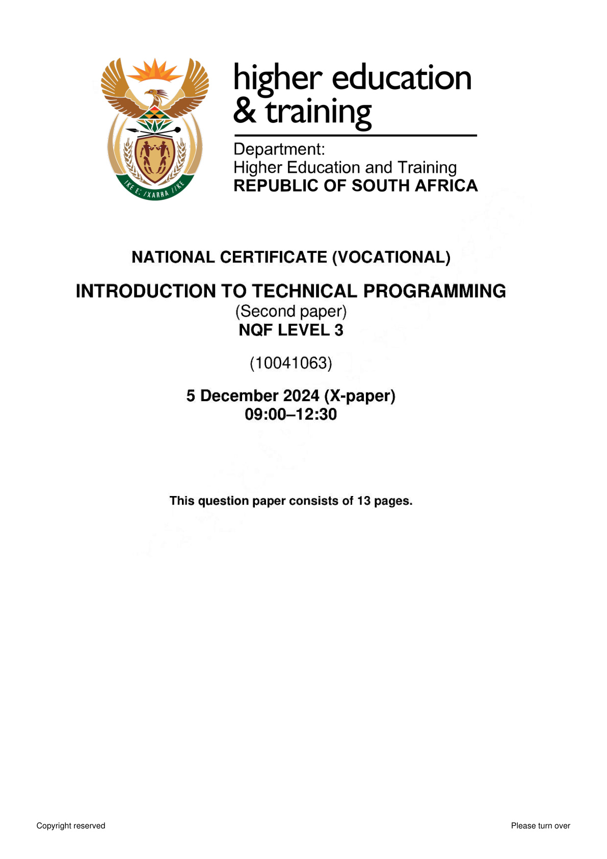 Introduction to Technical Programming Level 3 DHET NCV November 2024 Paper 2 - Question Paper