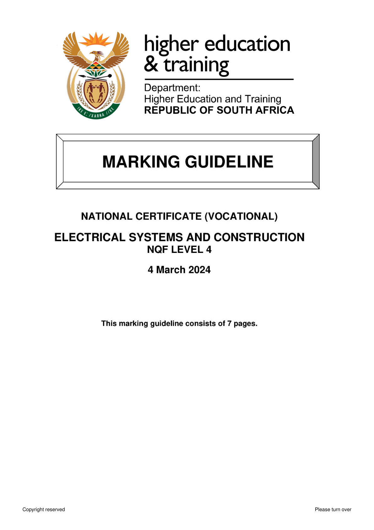 Electrical Systems and Construction Level 4 DHET NCV 2024 - Memo