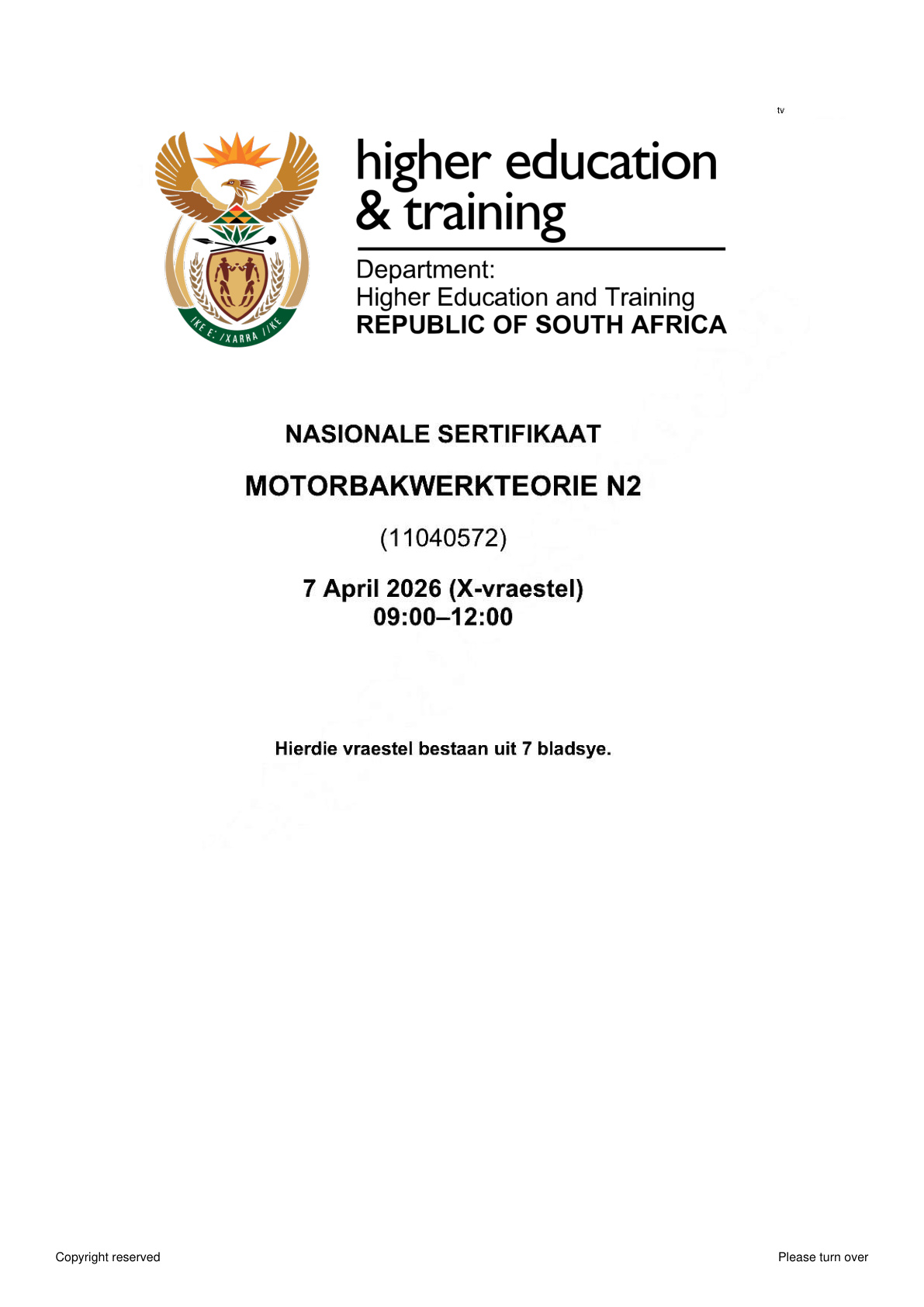 Motor Bodywork Theory N2 DHET NATED April 2026 Paper X - Question Paper