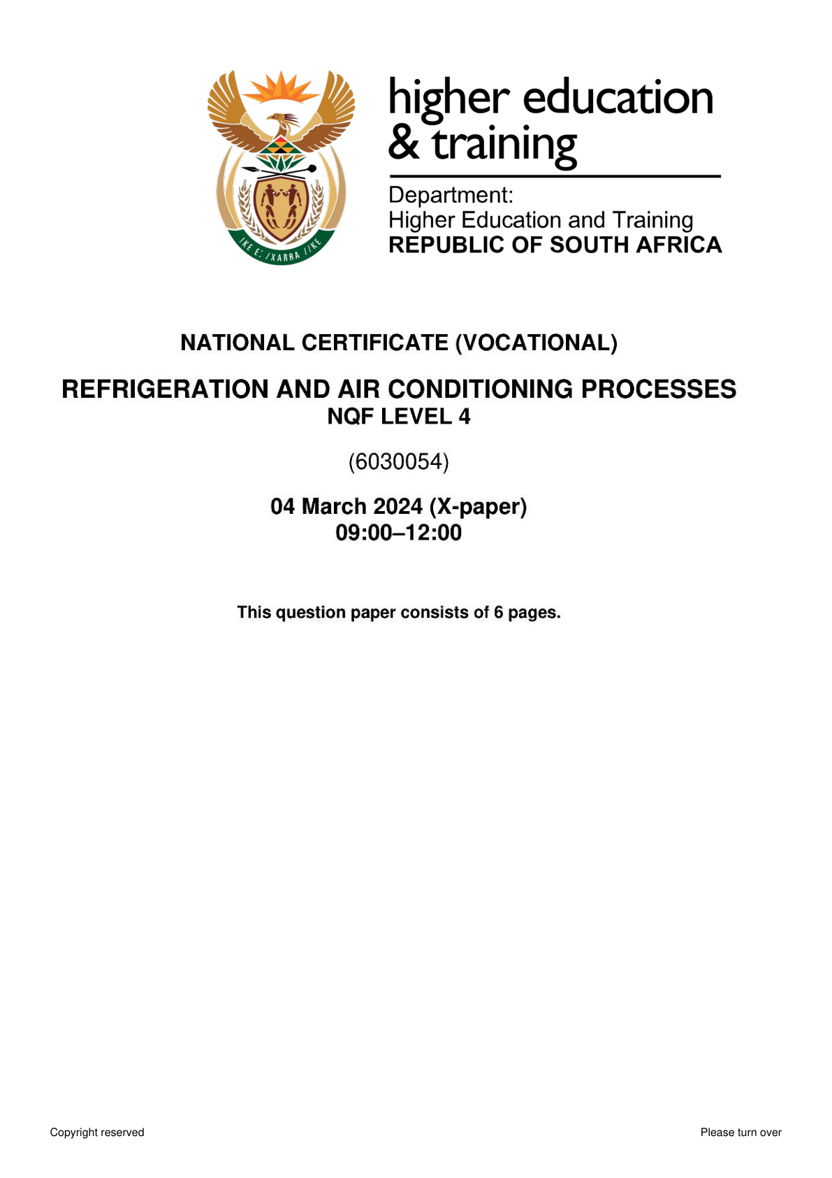 Refrigeration and Air Conditioning Processes Level 4 DHET NCV 2024 - Question Paper