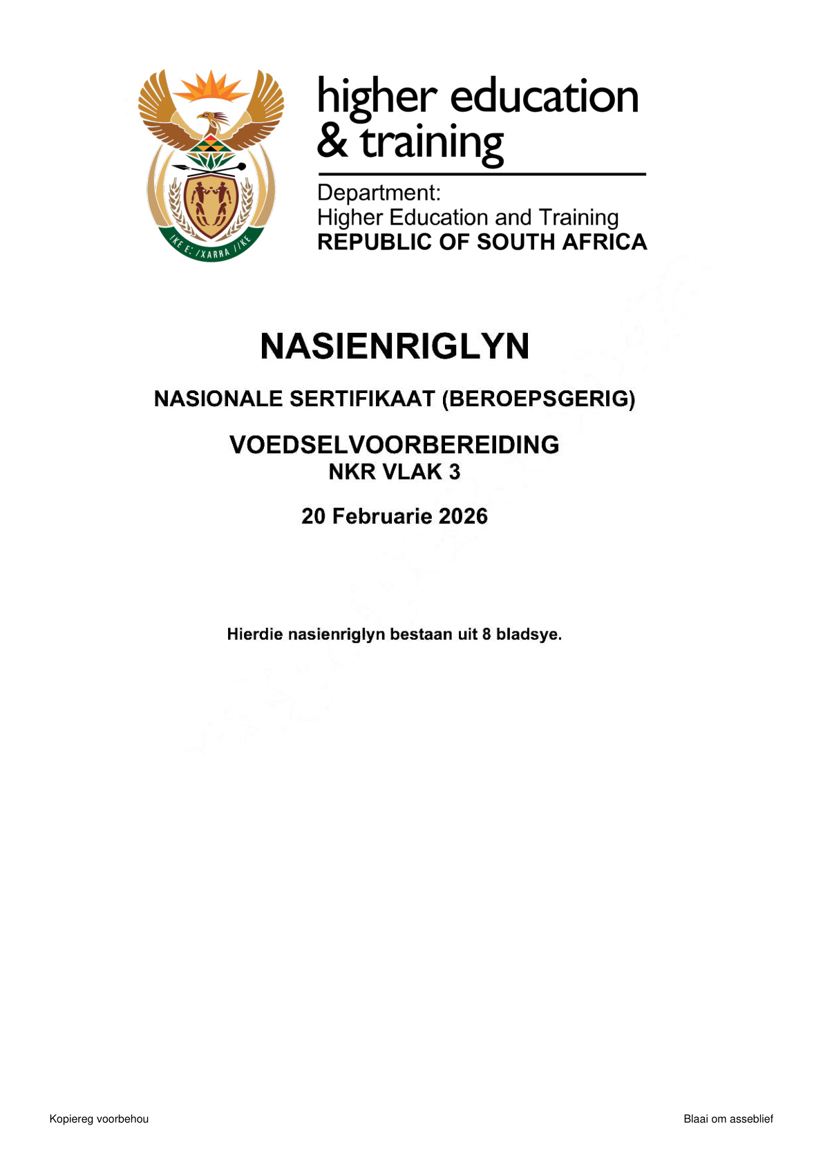 Food Preparation Level 3 DHET NCV 2026 - Memo