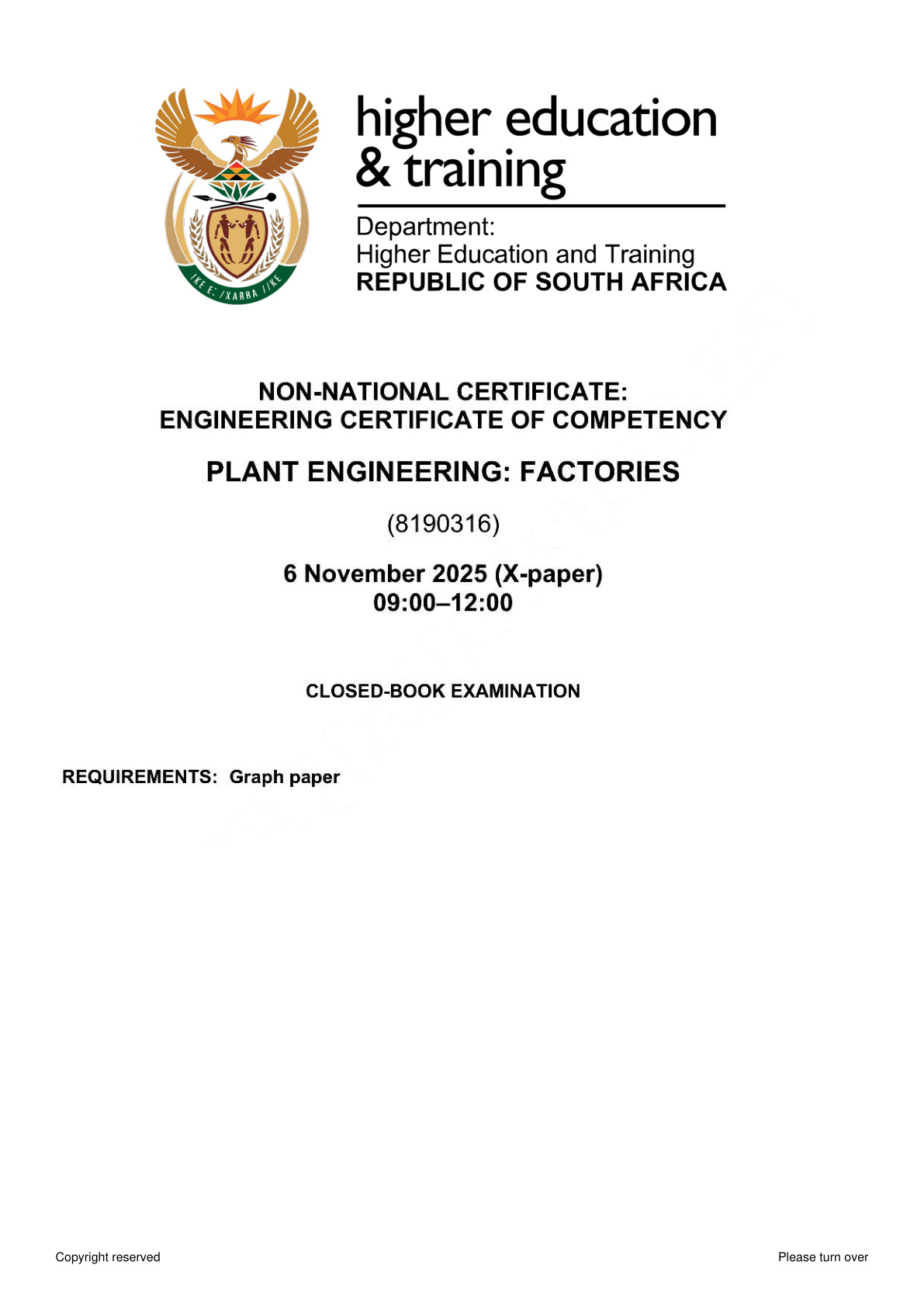 Plant Engineering Certificate of Competency November 2025 Paper X - Question Paper
