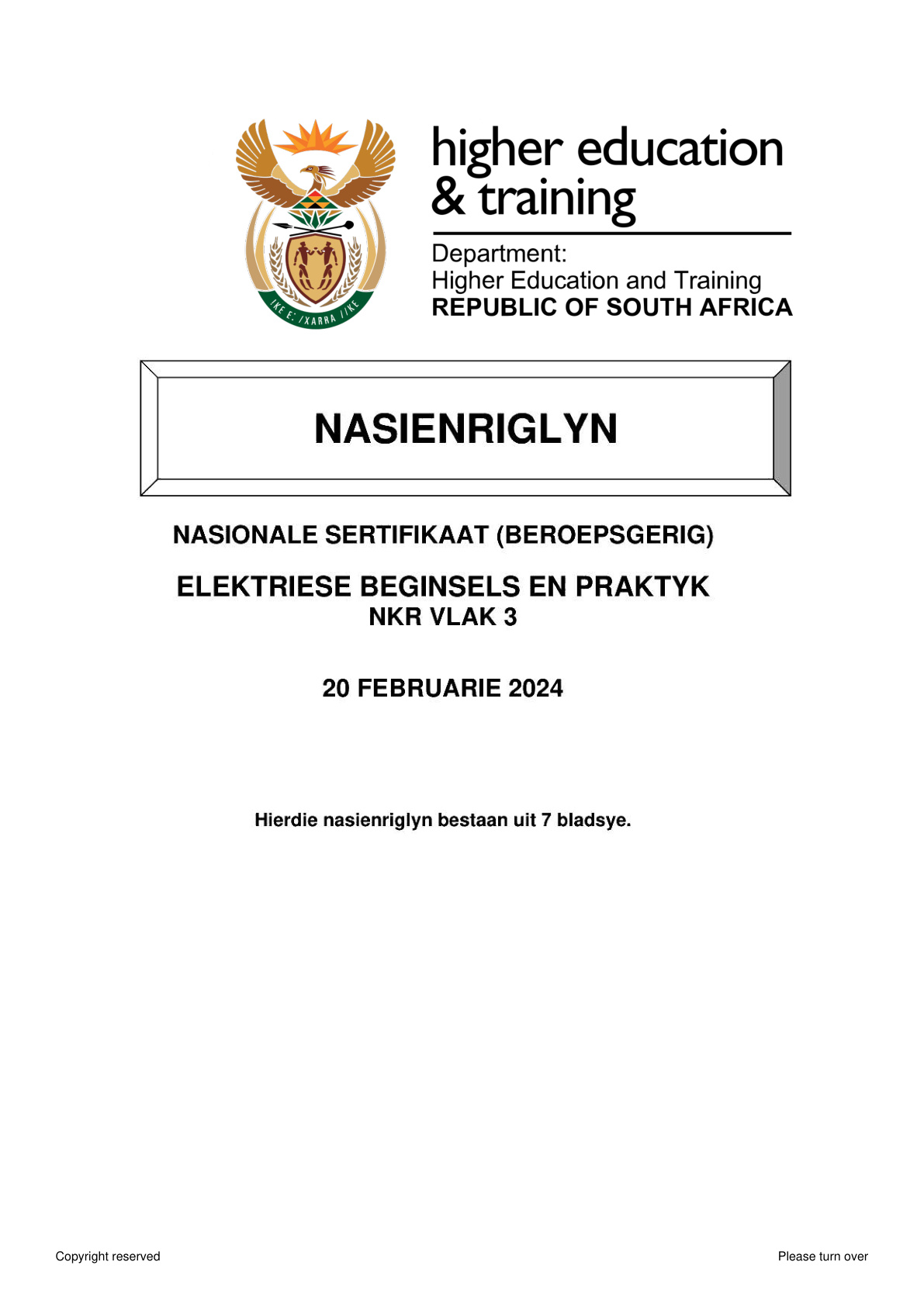 Electrical Principles and Practice Level 3 DHET NCV 2024 - Memo