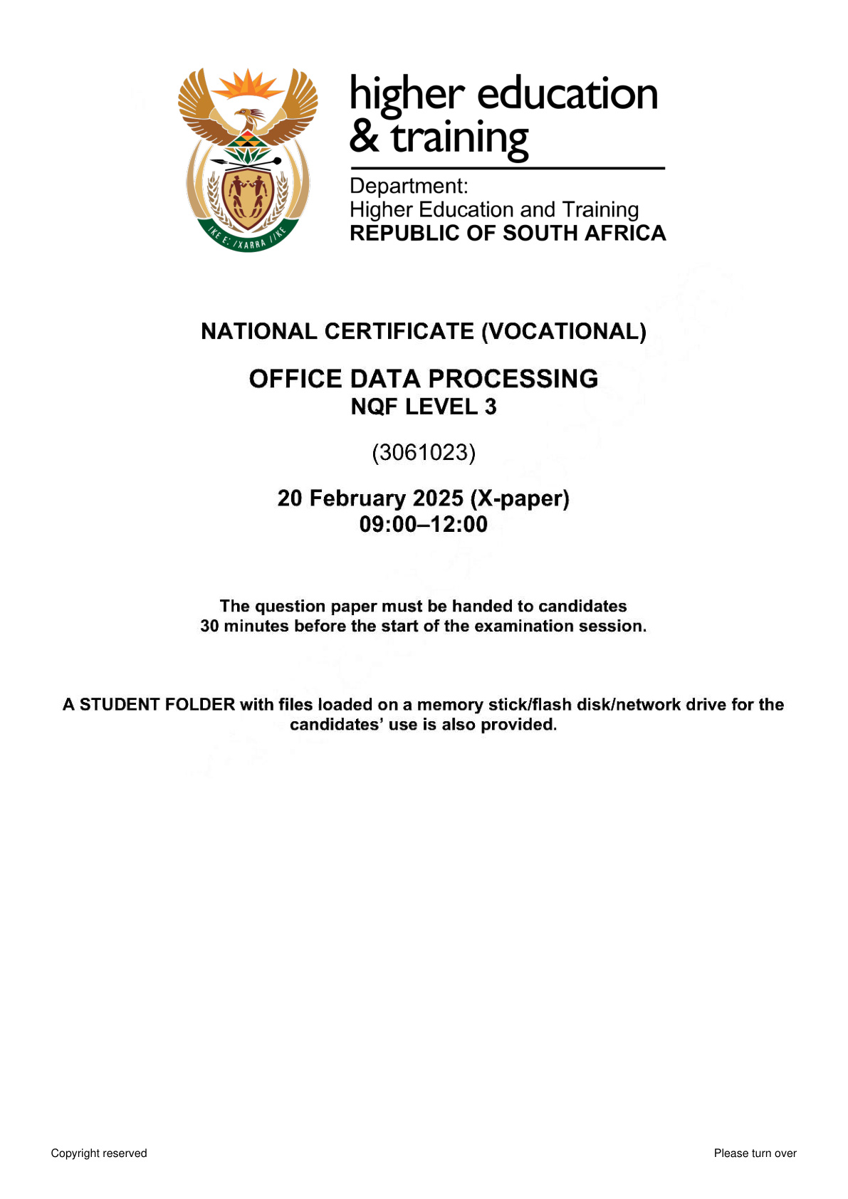 Office Data Processing Level 3 DHET NCV 2026 - Question Paper