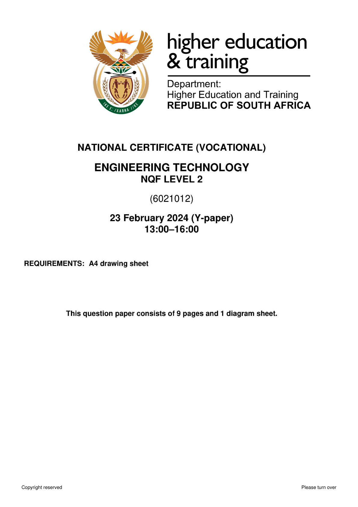 Engineering Technology Level 2 Dhet NCV 2024 - Question Paper