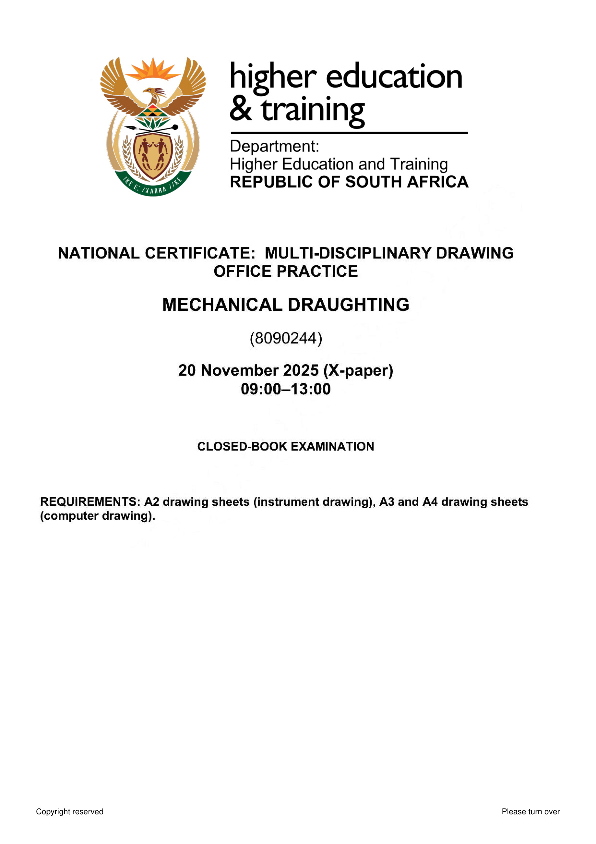 Mechanical Draughting N4 Dhet Nated November 2025 Paper 10 - Question Paper