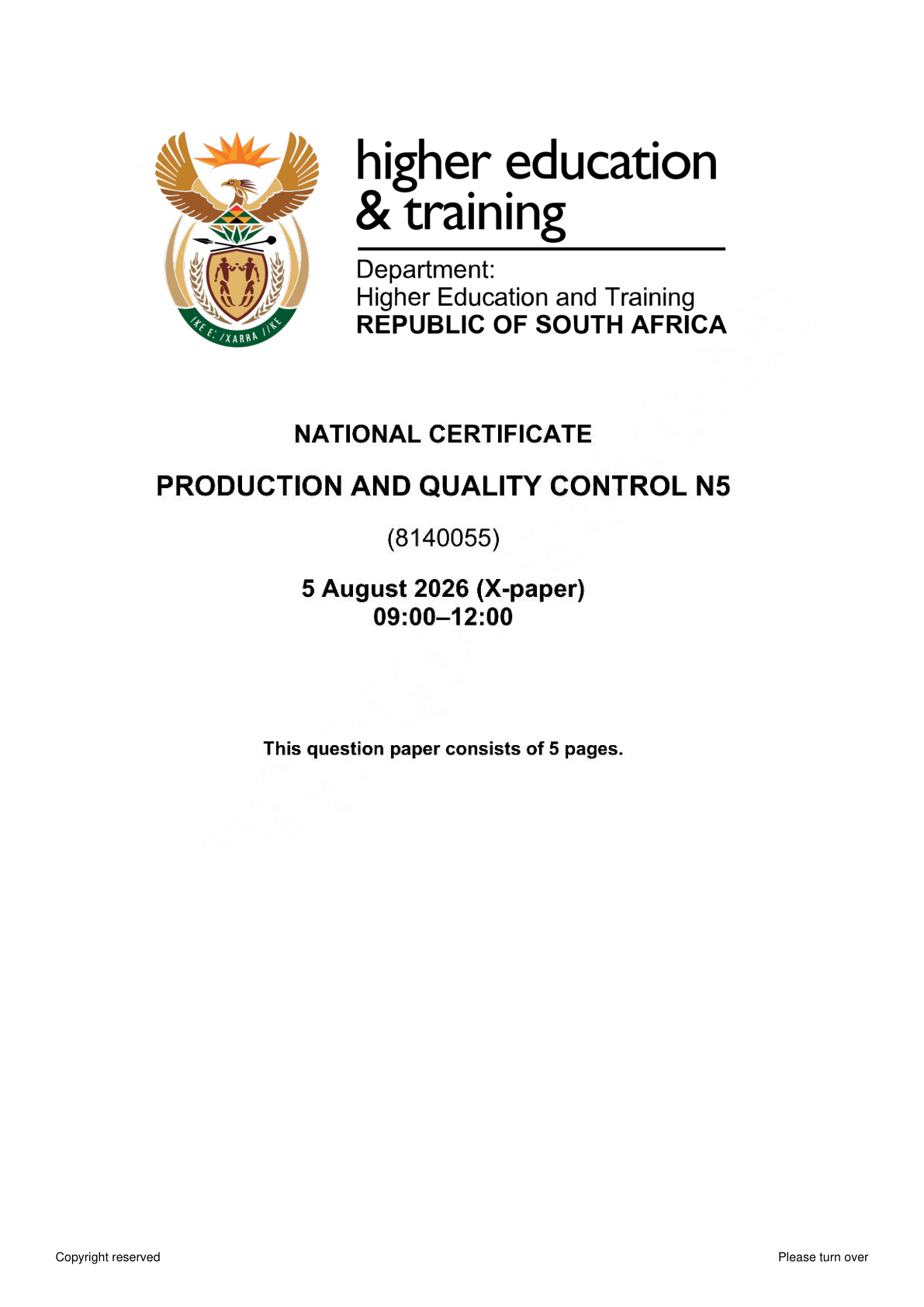 Production and Quality Control N5 DHET NATED August 2026 Paper X - Question Paper