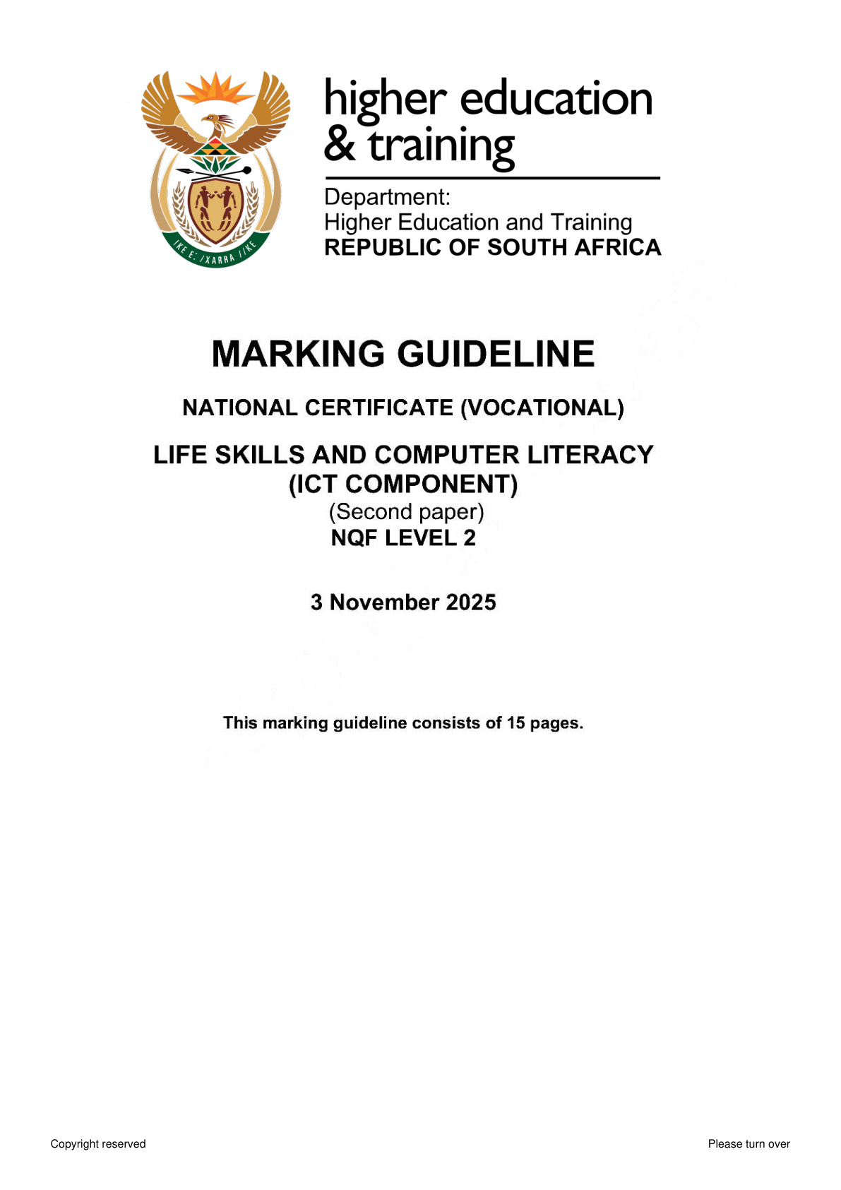 Life Skills and Computer Literacy Level 2 DHET NCV November 2025 Paper 2 - Memo