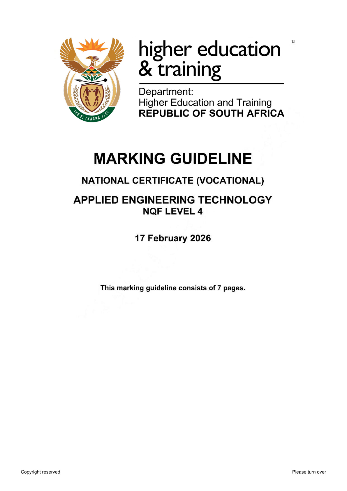 Applied Engineering Technology Level 4 DHET NCV 2026 - Memo