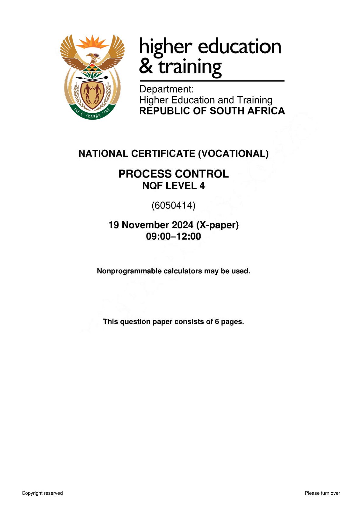 Process Control Level 4 DHET NCV November 2024 - Question Paper