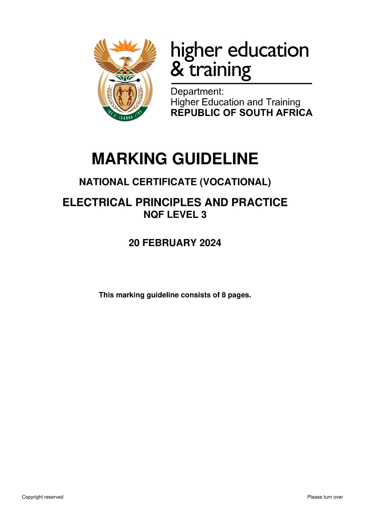 Electrical Principles and Practice Level 3 DHET NCV 2024 - Memo