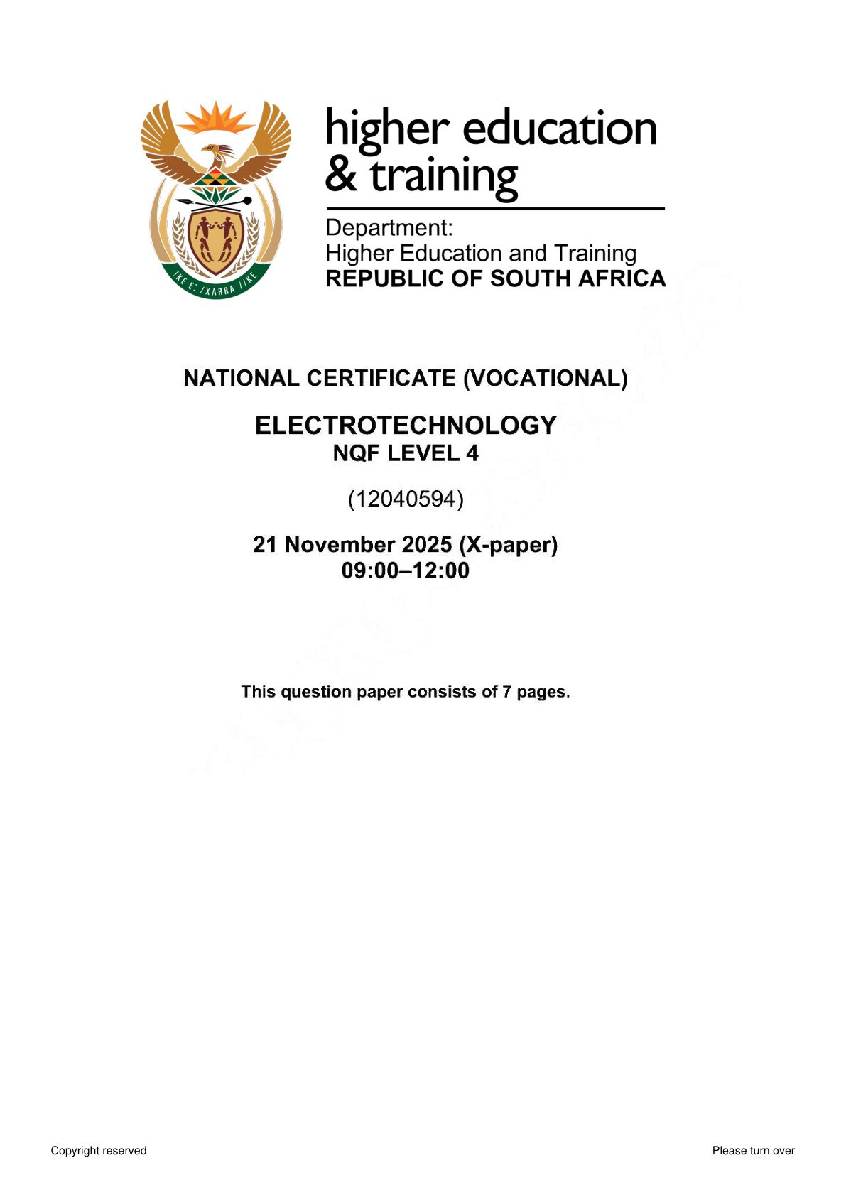Electrotechnology Level 4 DHET NCV November 2025 - Question Paper