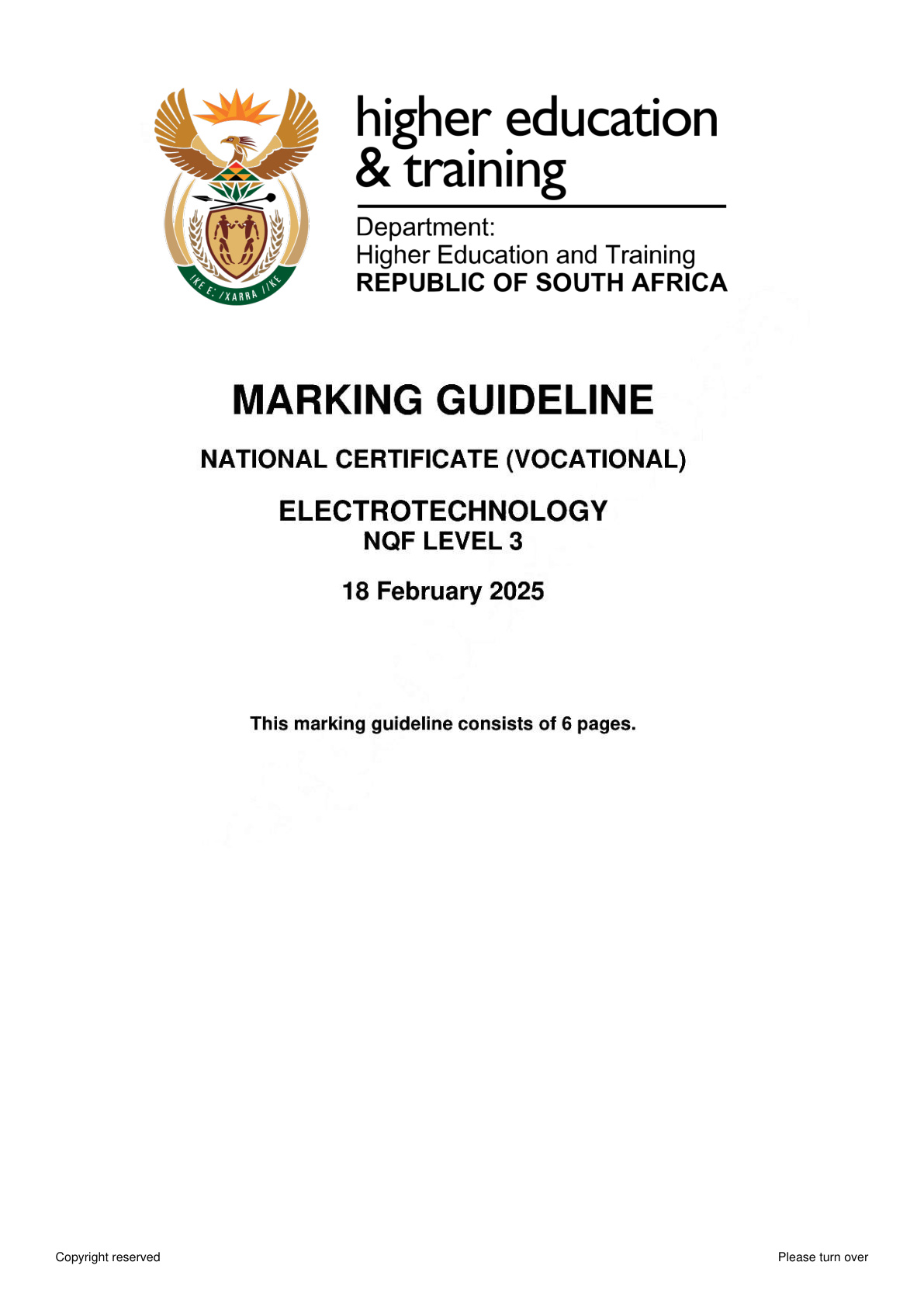 Electrotechnology Level 3 DHET NCV February 2025 - Memo