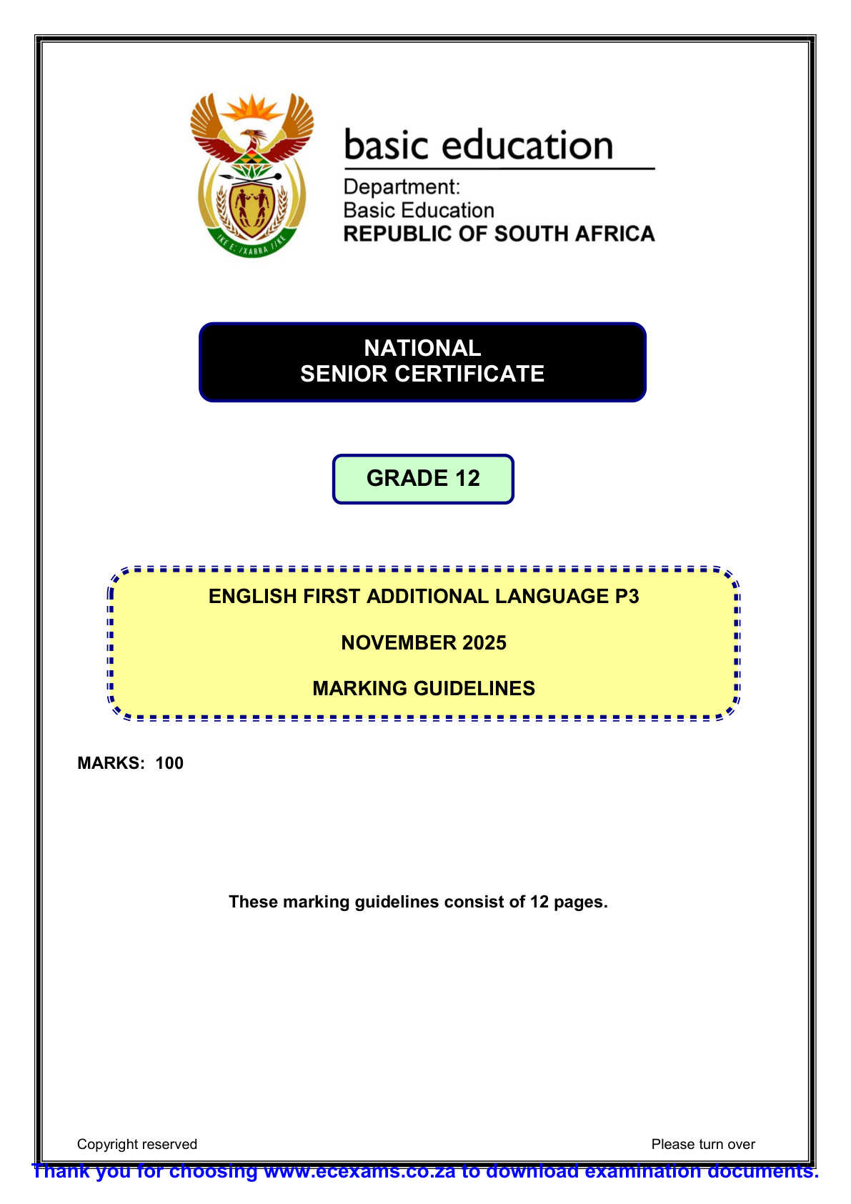 English First Additional Language Grade 12 DBE NSC November 2025 Paper 3 - Memo (Eastern Cape)