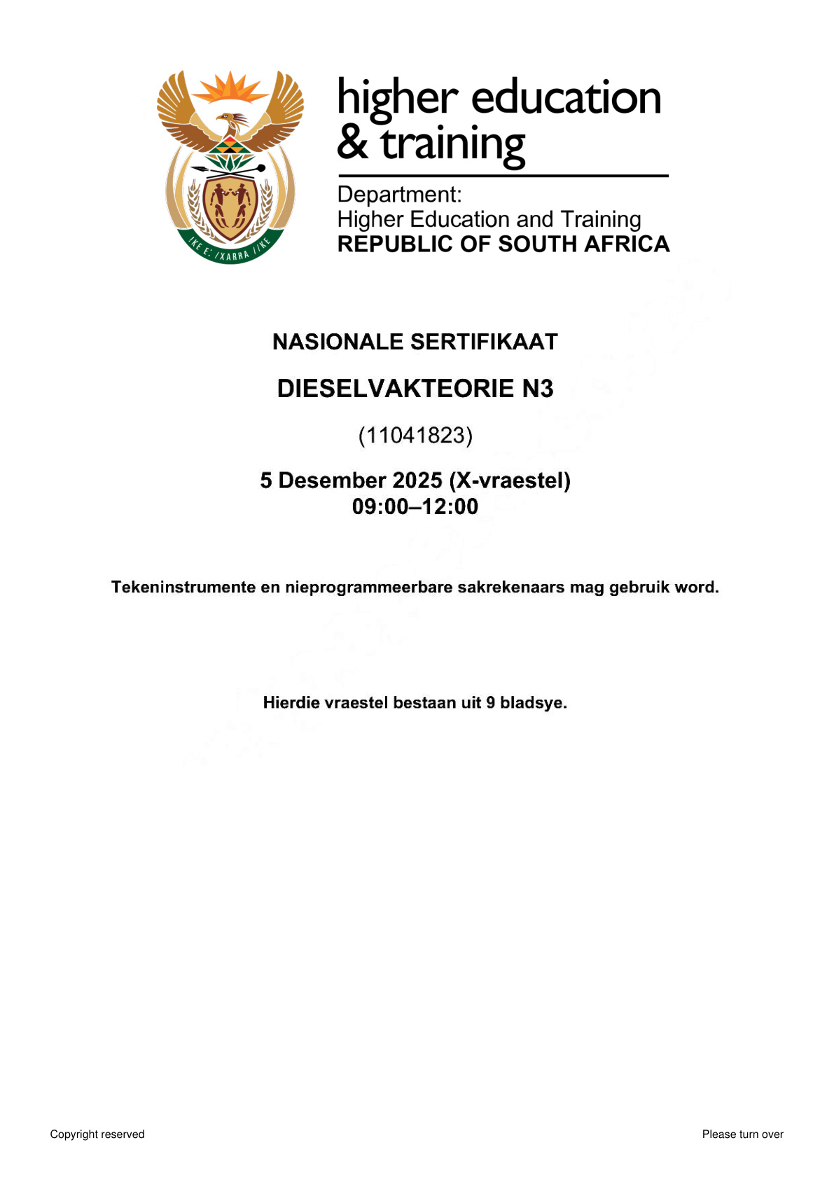 Diesel Trade Theory N3 DHET NATED November 2025 Paper X - Question Paper
