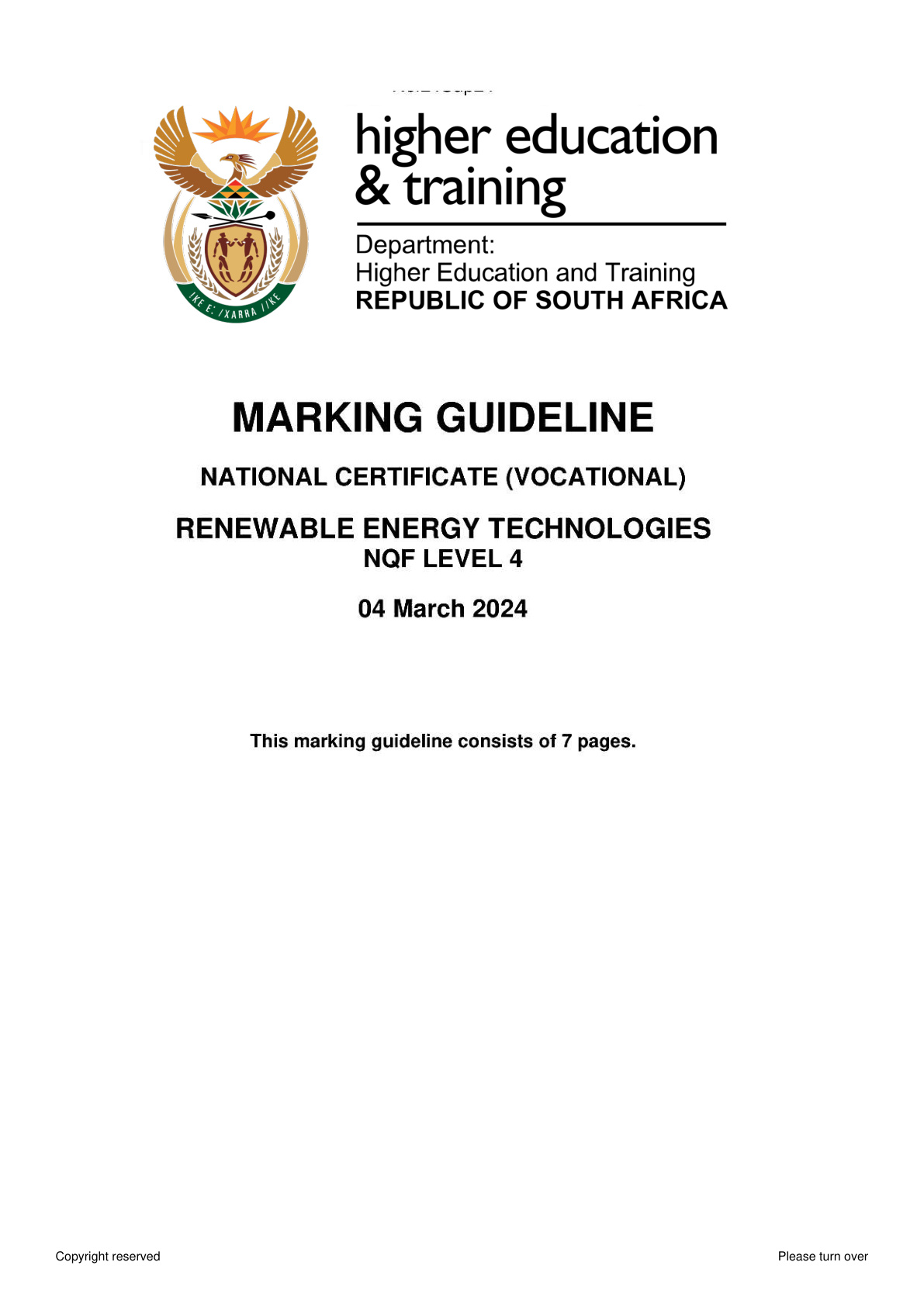 Renewable Energy Technologies Level 4 DHET NCV 2024 - Memo
