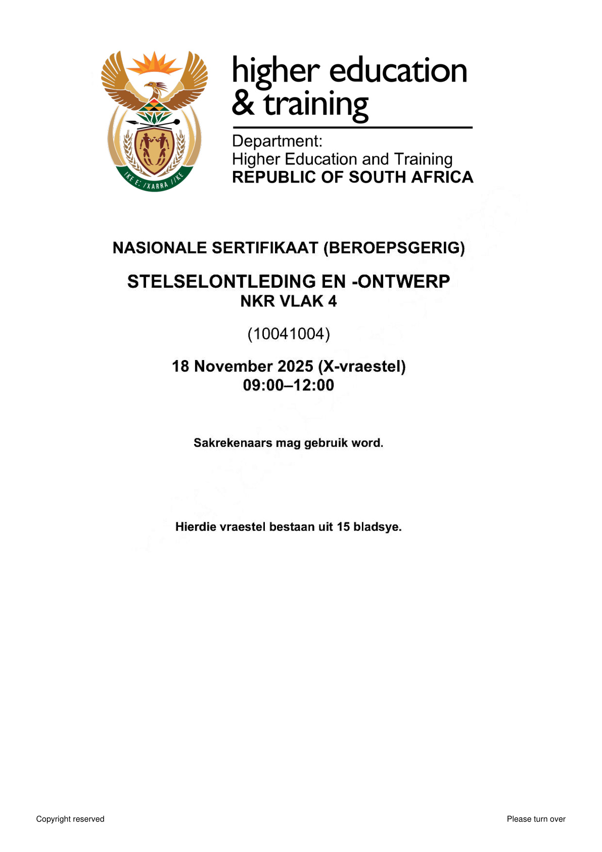 Systems Analysis and Design Level 4 DHET NCV November 2025 - Question Paper