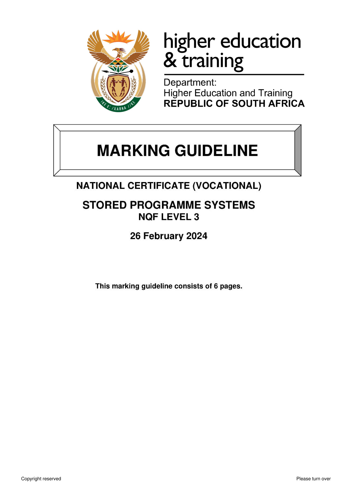 Stored Programme Systems Level 3 DHET NCV 2024 - Memo