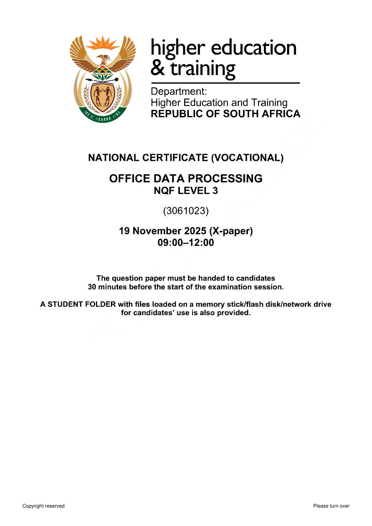 Office Data Processing Level 3 DHET NCV November 2025 - Question Paper